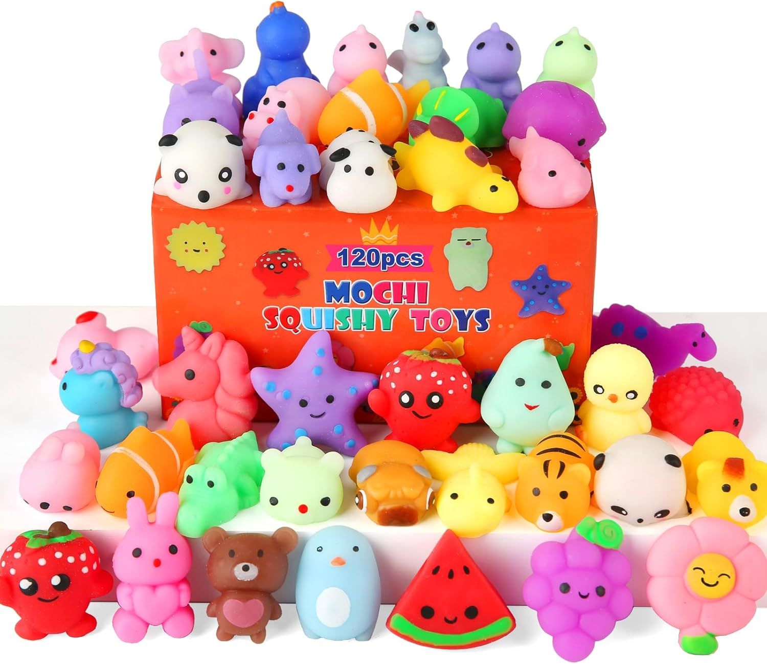 Shows the extensive variety of colorful mochi squishy toys included in the 120-piece set, helping shoppers understand the diversity and quantity of items they will receive. Displays the branded…