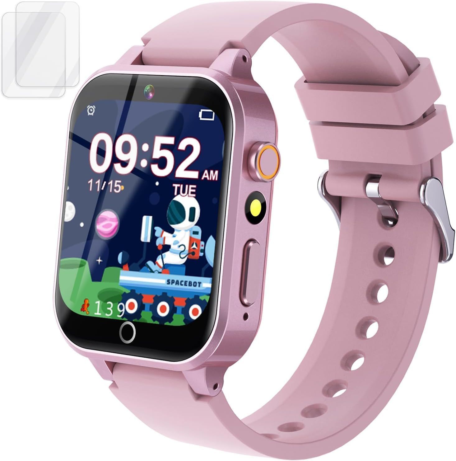 Shows the core product - a pink kids smartwatch with an active display featuring a space-themed interface, demonstrating its appeal to children and its functional digital display capabilities.…