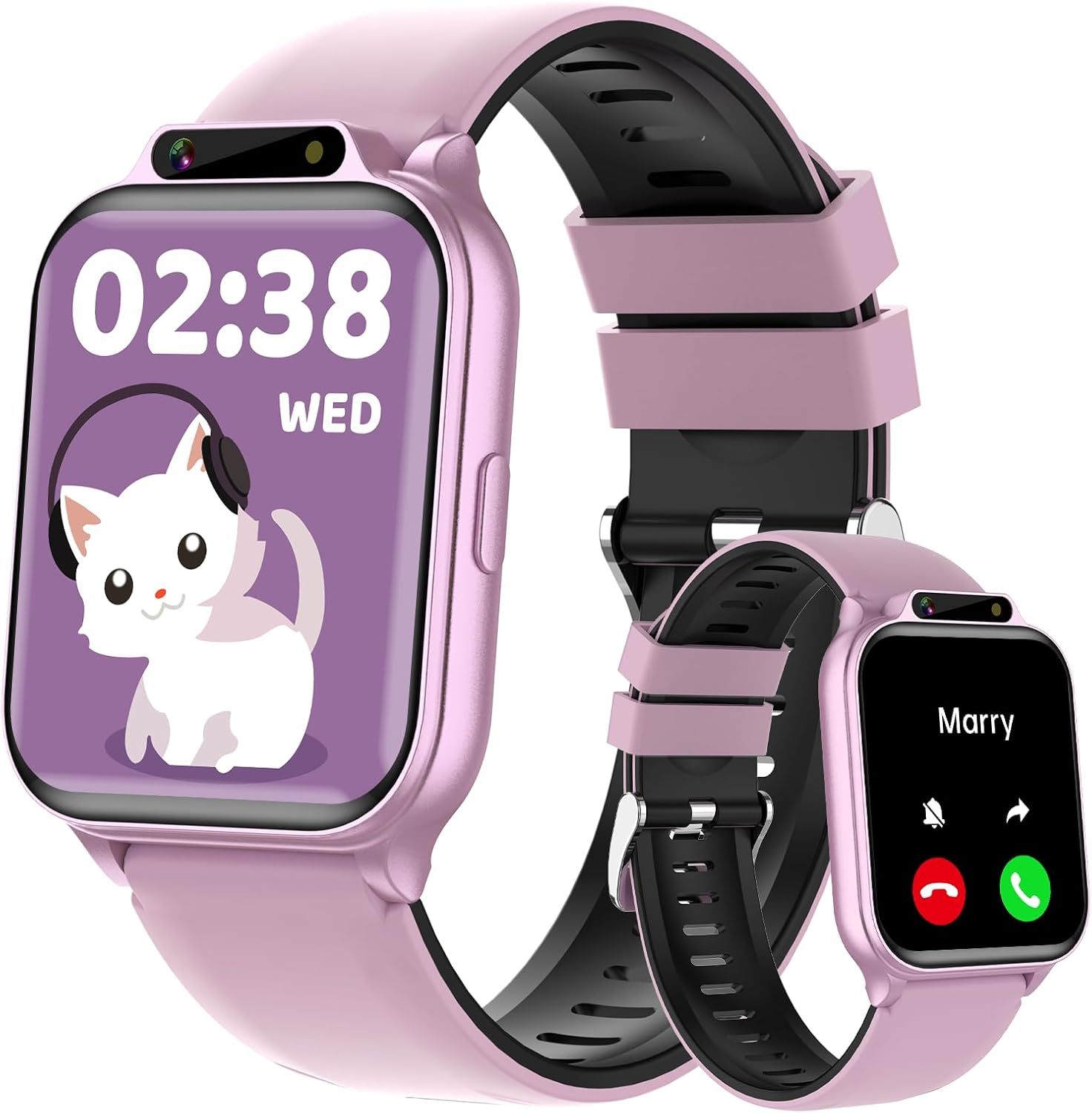 Shows the core product—a kids smartwatch in pink—from multiple angles to communicate its design, display features (time, cute graphics, calling interface), and overall appearance. Uses a soft drop…