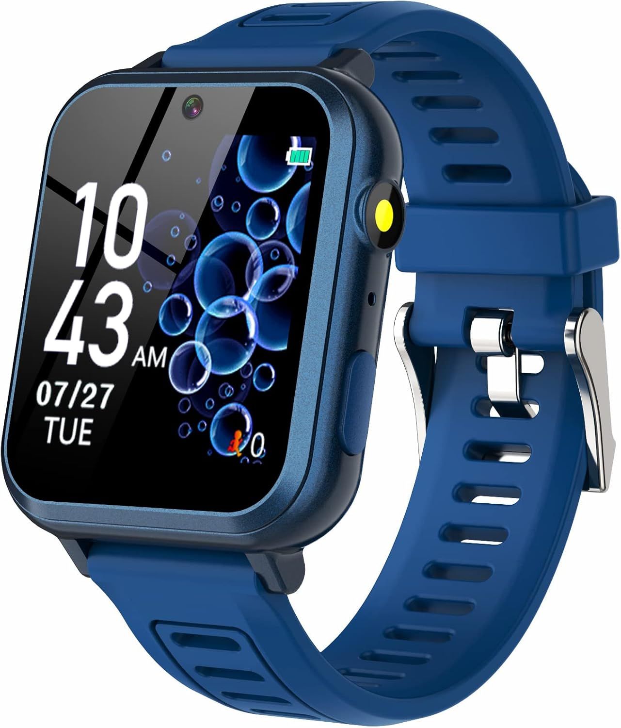Shows the core smartwatch product with its active display, camera, and rugged blue design to communicate its functionality and appeal as a wearable tech device.