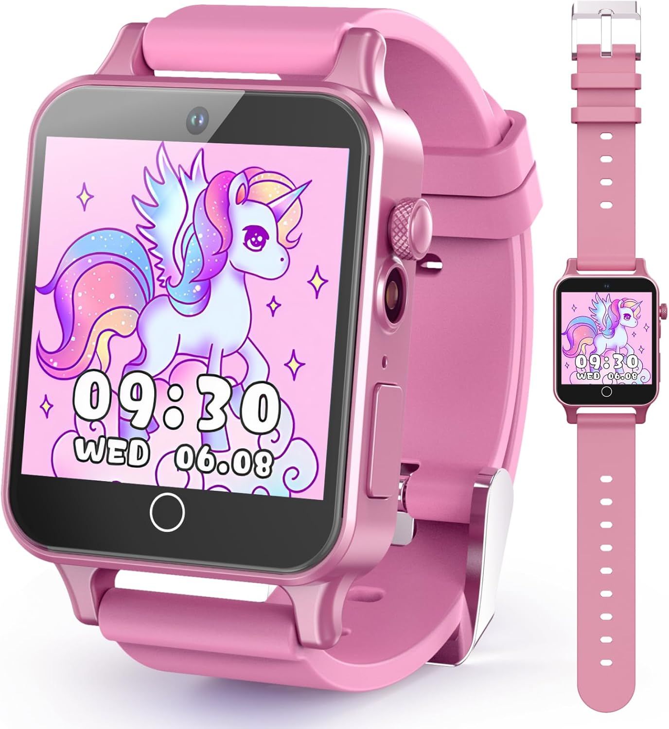 Shows the core product—a pink kids smartwatch with a colorful unicorn display—to communicate its design, features, and appeal to young children. Displays the watch from multiple angles including a…