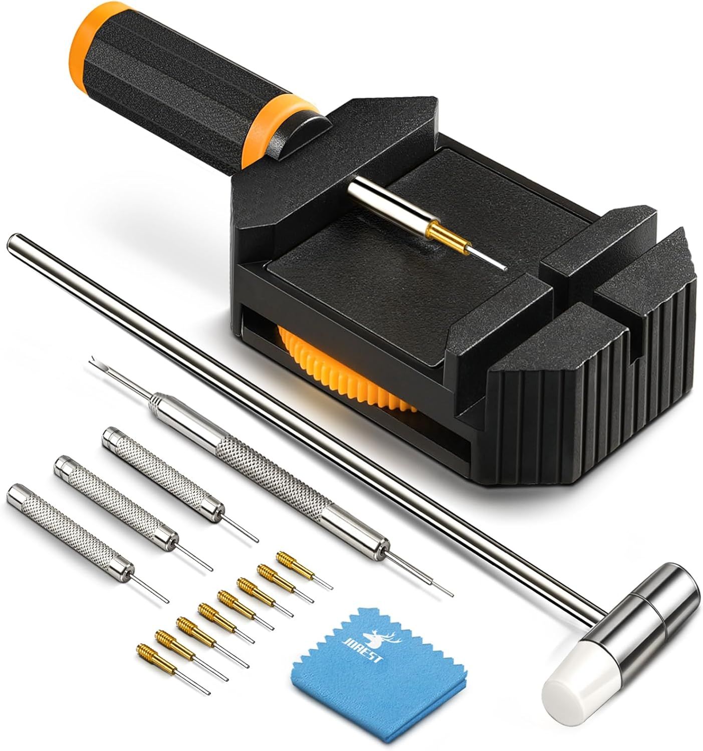Displays the core product - a precision tool kit with clamp, pins, hammer, and accessories - to show shoppers exactly what items are included in the set. Shows all the included accessories and tools…
