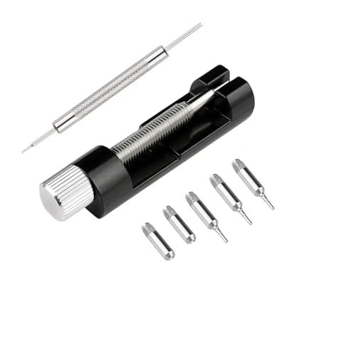 Displays the core product—a watch band link removal tool with included pin bits—on a clean white background to clearly show what the buyer will receive. Shows the included accessory pin bits and…