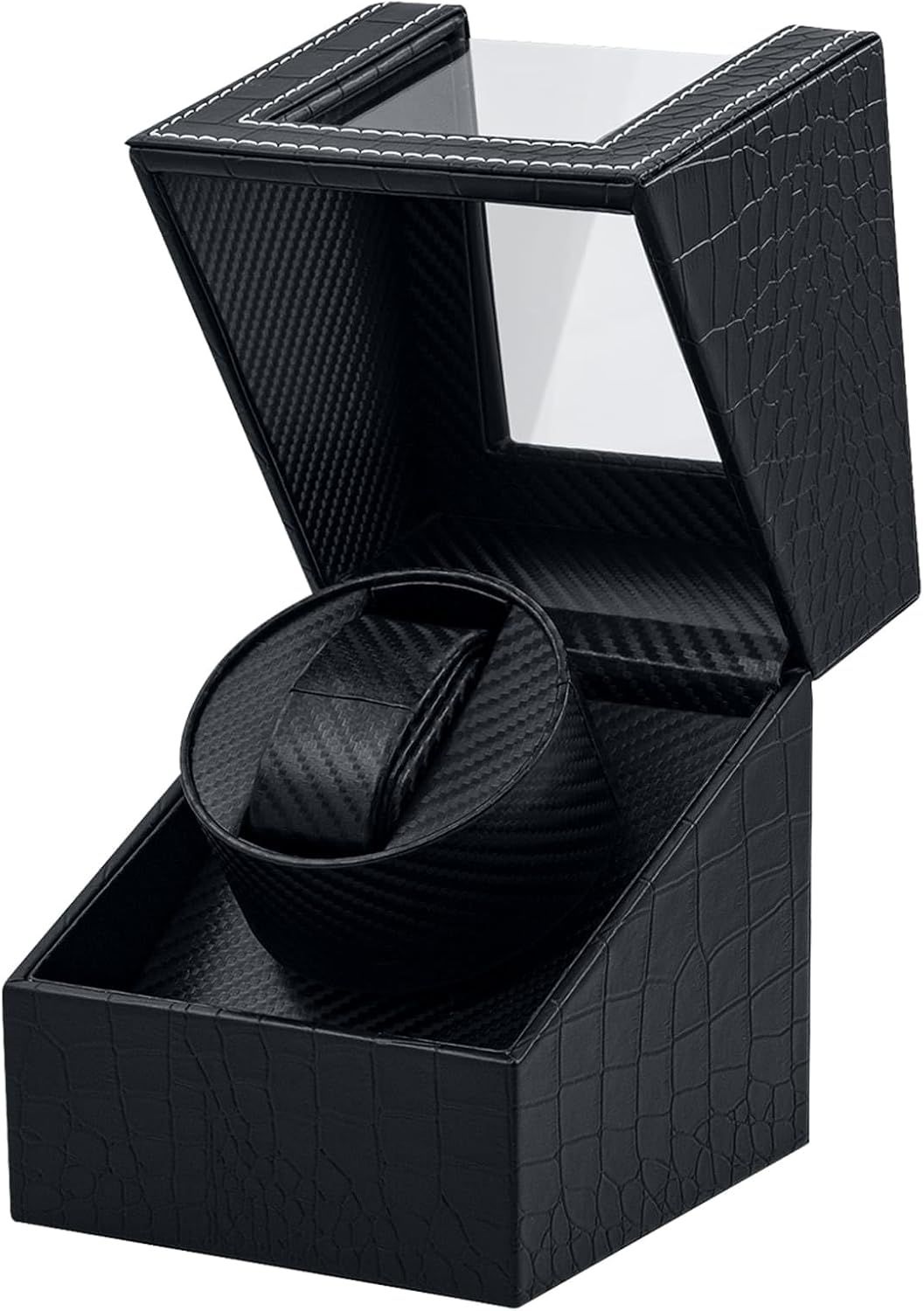 Shows the watch winder box with its luxurious crocodile-textured leather exterior and transparent display window, communicating premium quality and allowing visibility of the watch inside.…