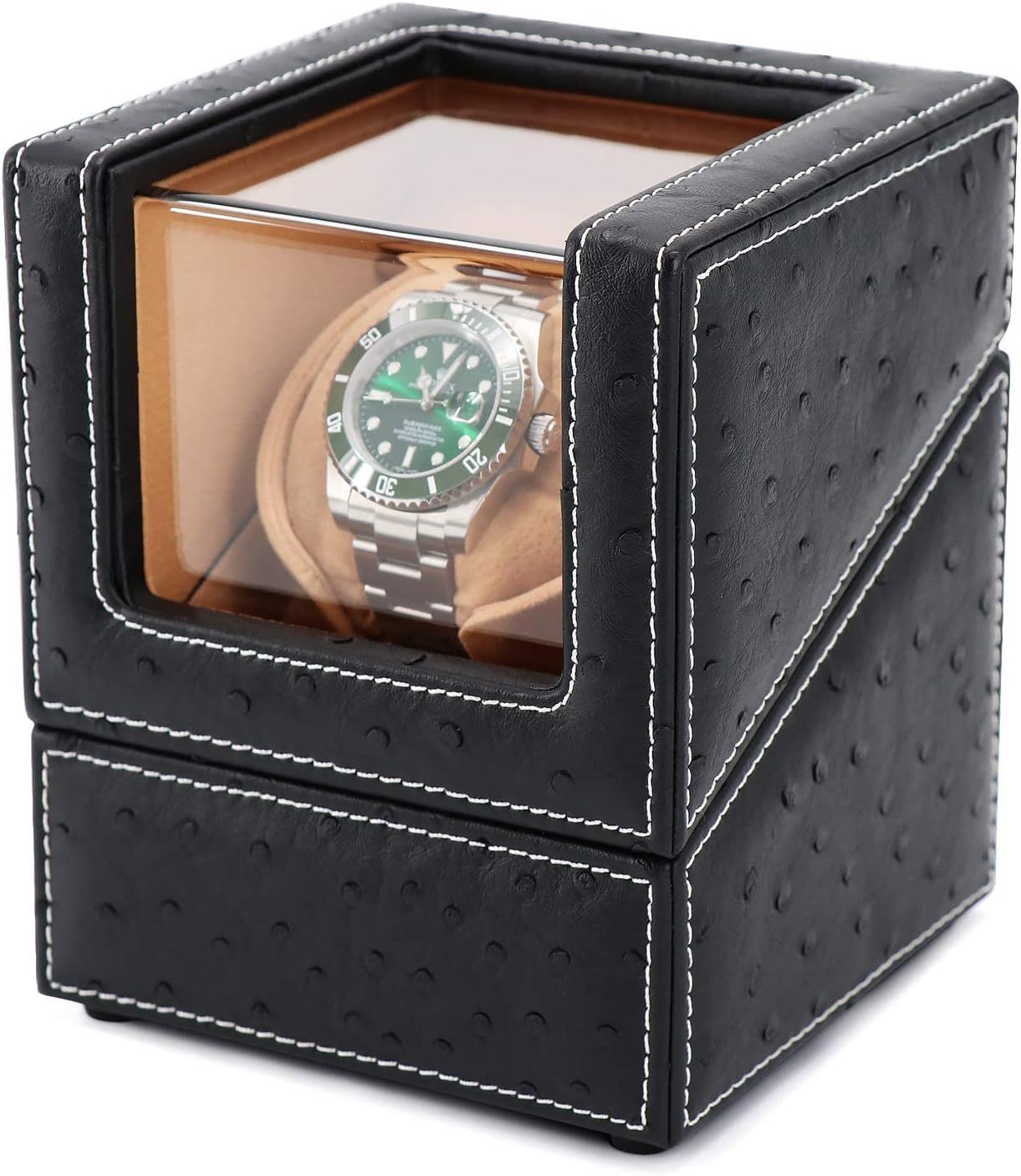 Shows the core product, a luxury watch winder case with textured leather exterior and clear viewing window, allowing shoppers to see exactly what they are purchasing and how it displays their watch.…