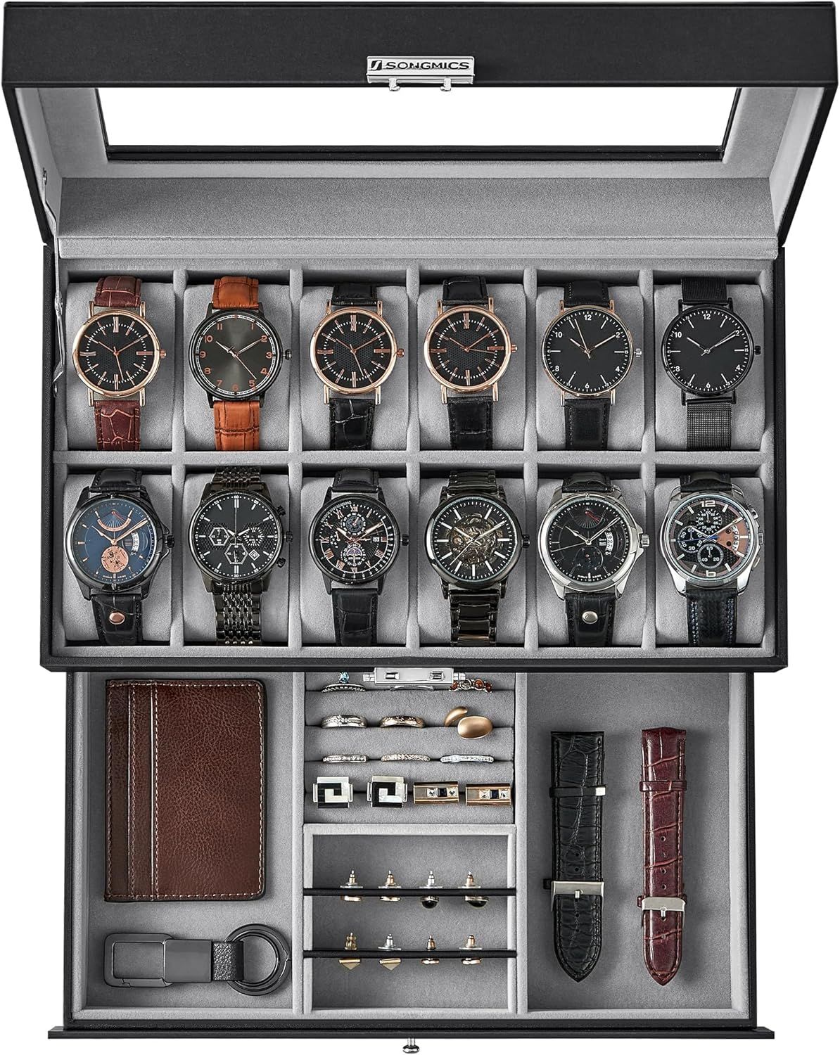 Shows the complete watch organizer box with multiple watches and accessories neatly displayed to communicate the product's storage capacity and organizational features. Demonstrates the additional…