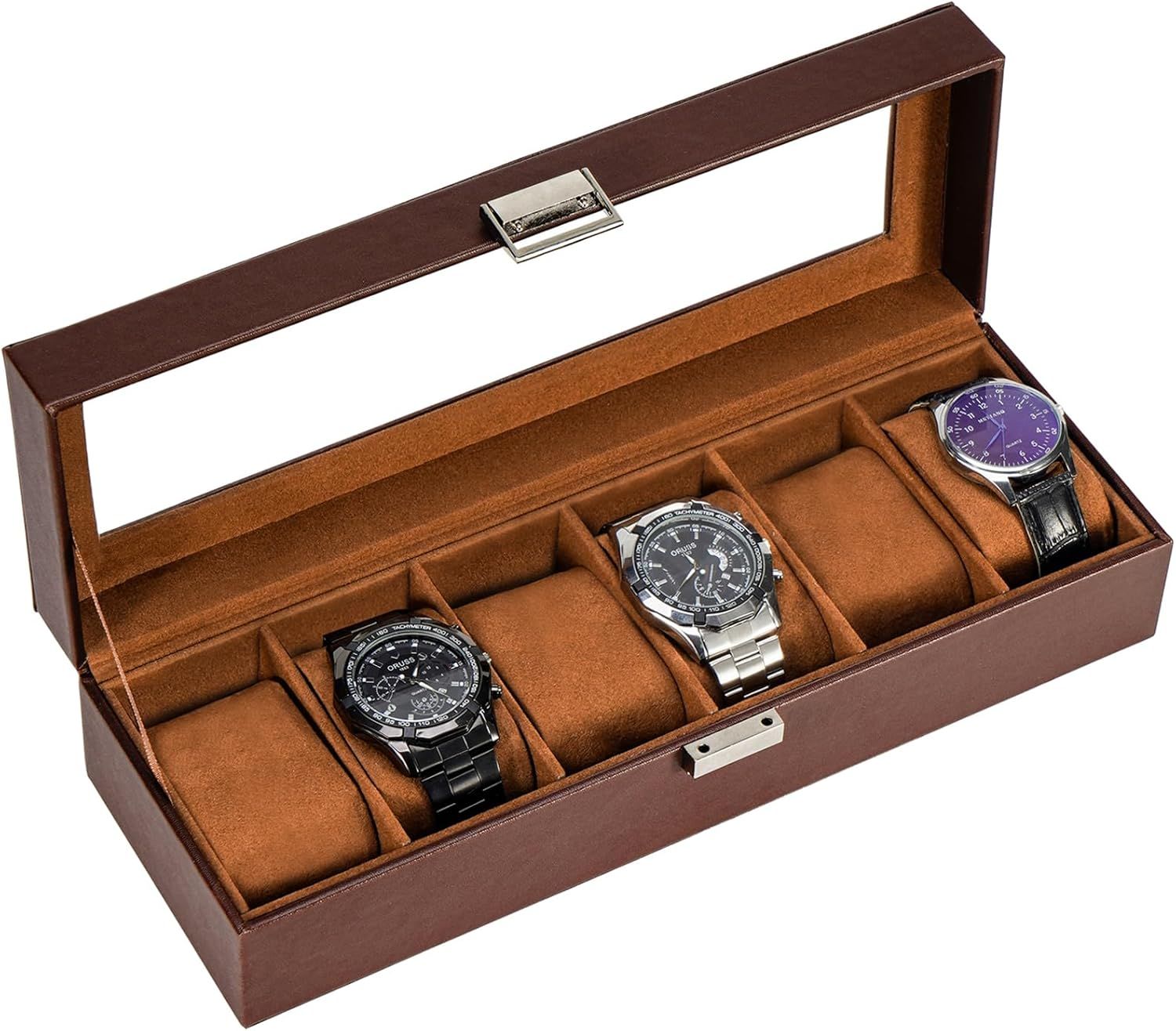 Shows the core product, a luxury watch storage case with multiple compartments, demonstrating its capacity to organize and display watches in an elegant presentation. Uses a clean light background…