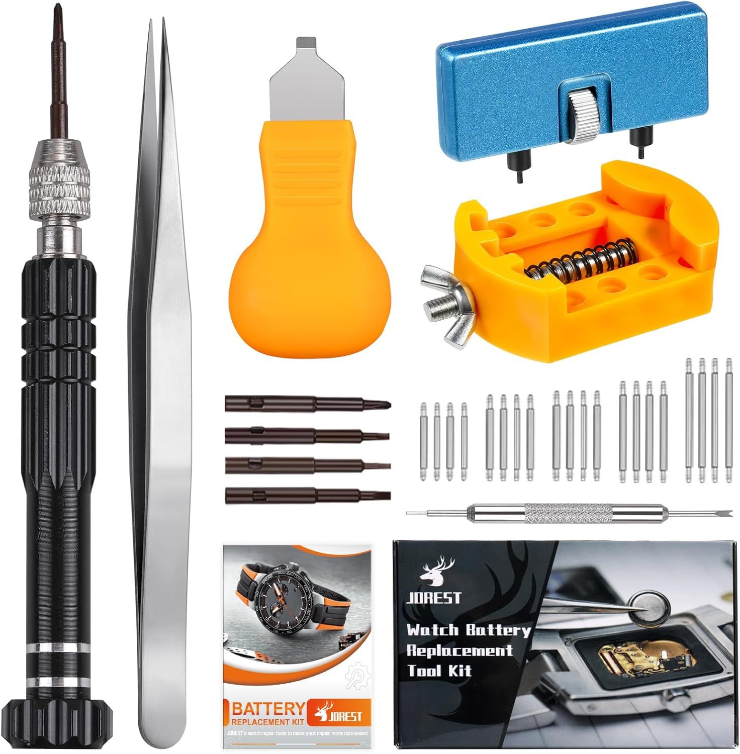 Displays the complete watch battery replacement tool kit with all included tools and accessories to show shoppers exactly what they will receive. Shows the comprehensive array of included…