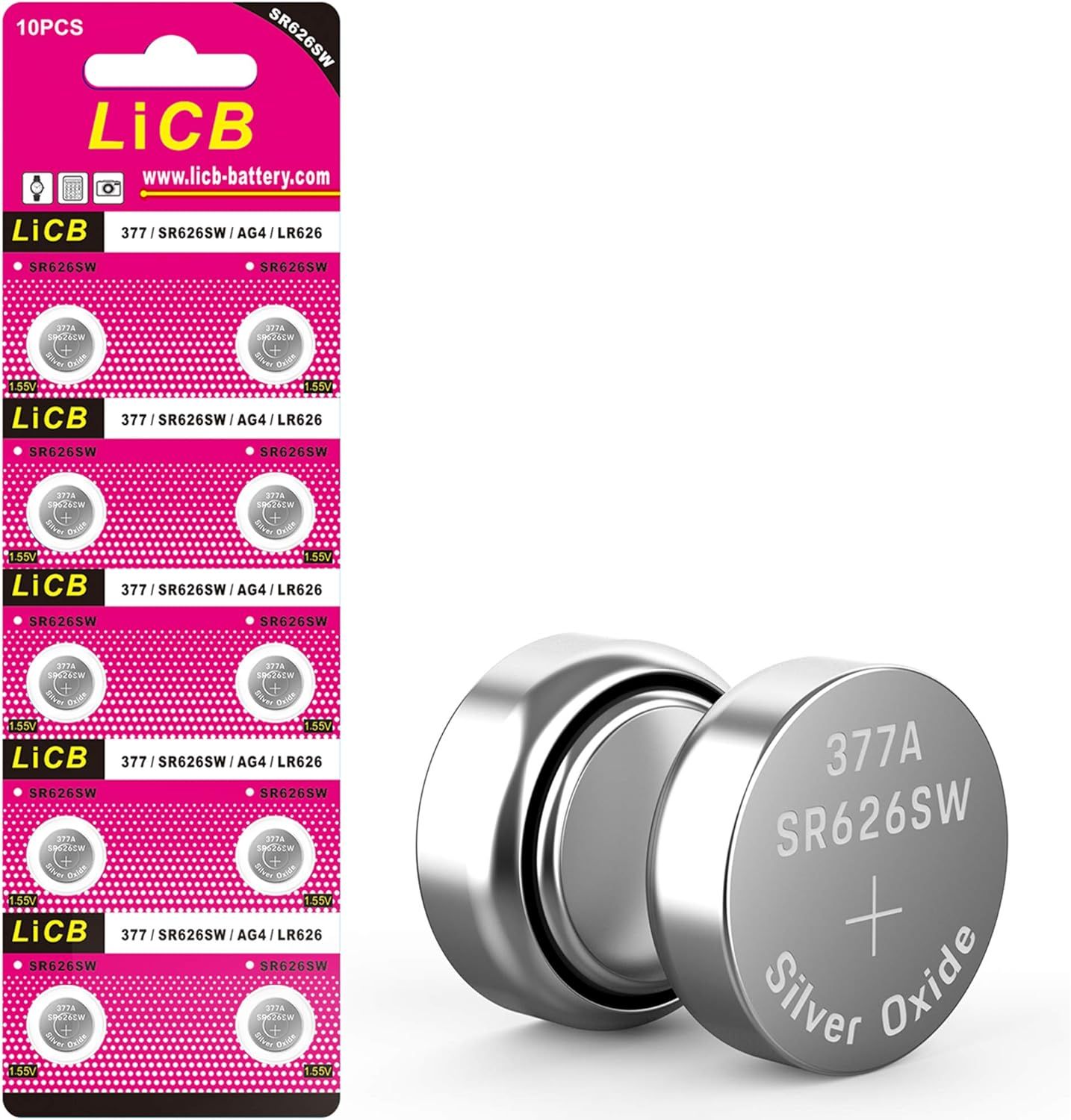 Shows the core product - a 10-piece set of 377A/SR626SW button cell batteries - both in retail packaging and as individual batteries to communicate what the buyer receives. Displays the bright pink…