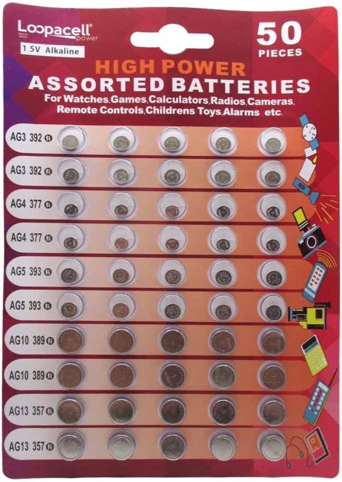 Shows the complete 50-piece assorted battery set with multiple sizes (AG3, AG4, AG5, AG10, AG13) clearly visible in retail packaging, communicating the variety and quantity included in the purchase.…