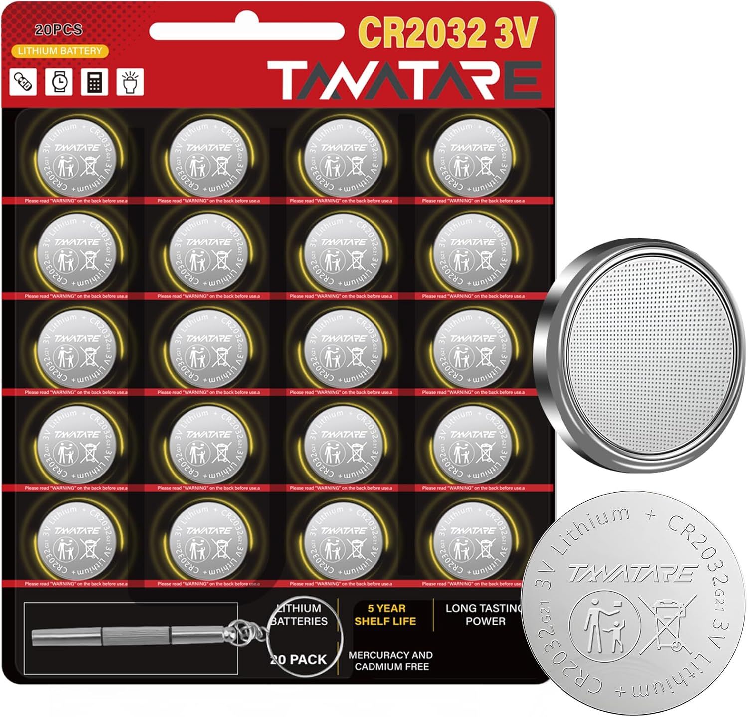 Shows the complete 20-pack of CR2032 lithium batteries in retail packaging with close-up detail shots to communicate the quantity, battery type, and brand to shoppers. Displays the physical retail…