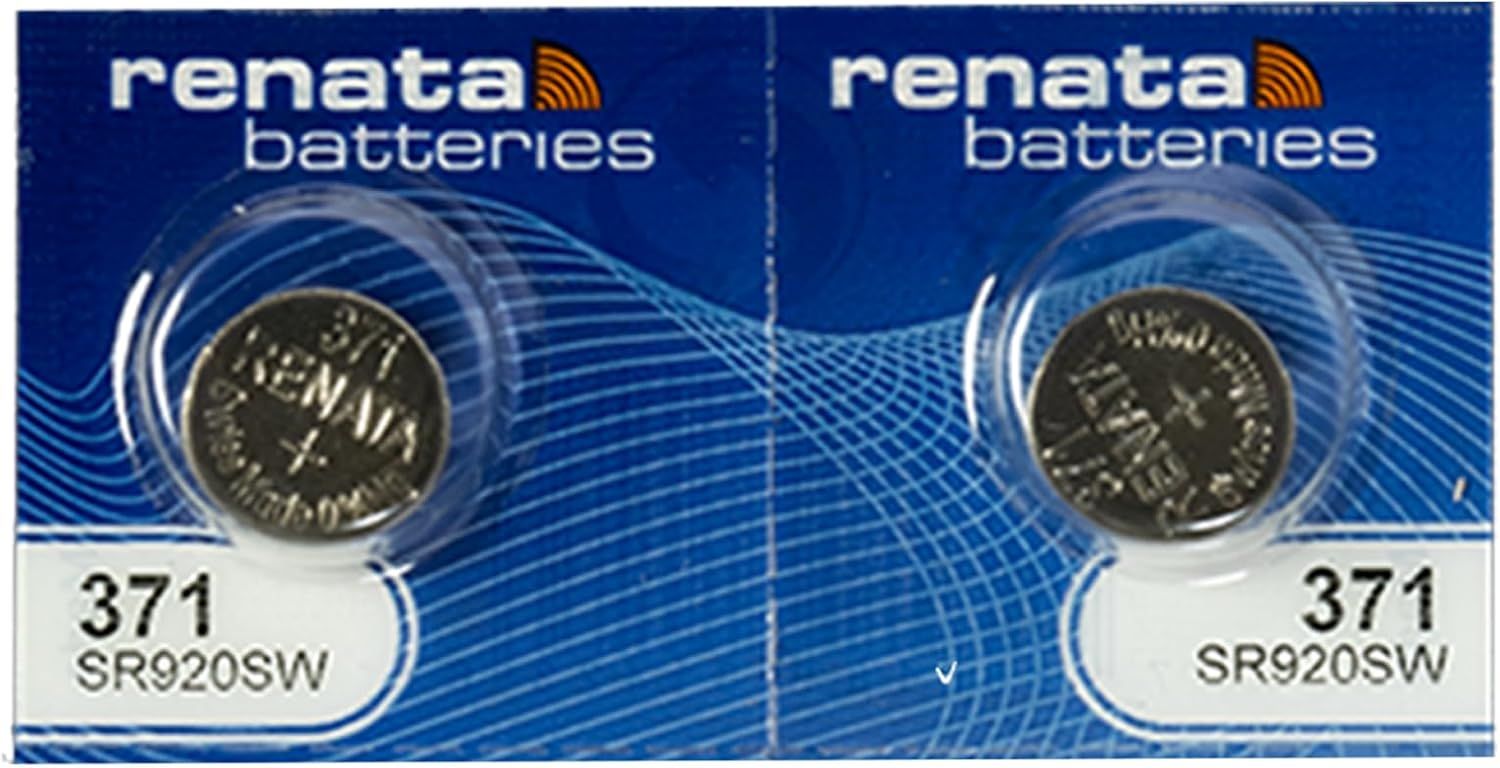 Shows the core sellable product, two Renata 371 SR920SW button cell batteries in their retail packaging, allowing shoppers to clearly see what they are purchasing. Displays the retail packaging with…