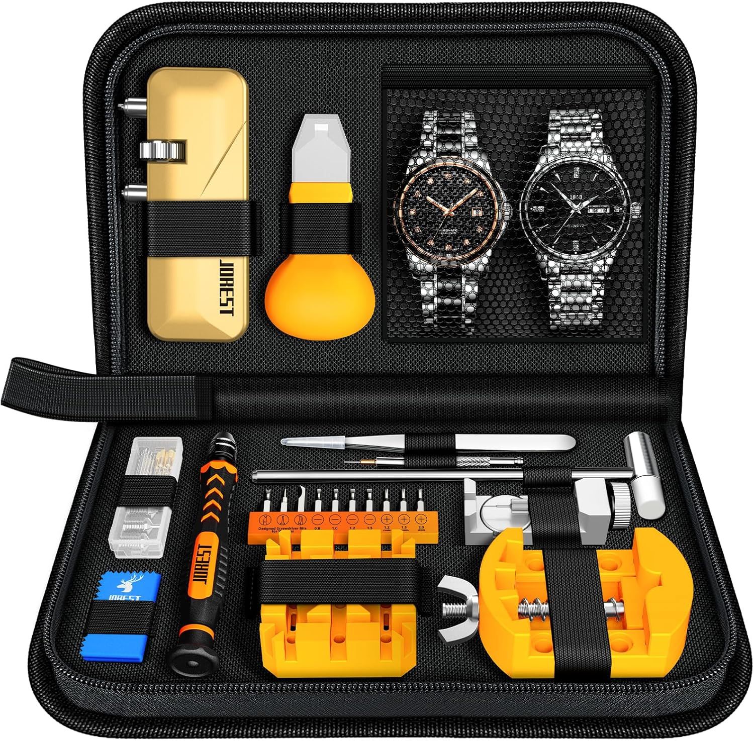 Displays the comprehensive watch repair toolkit with all included tools and accessories organized in a carrying case to show shoppers exactly what they will receive and reassure them of the kit's…