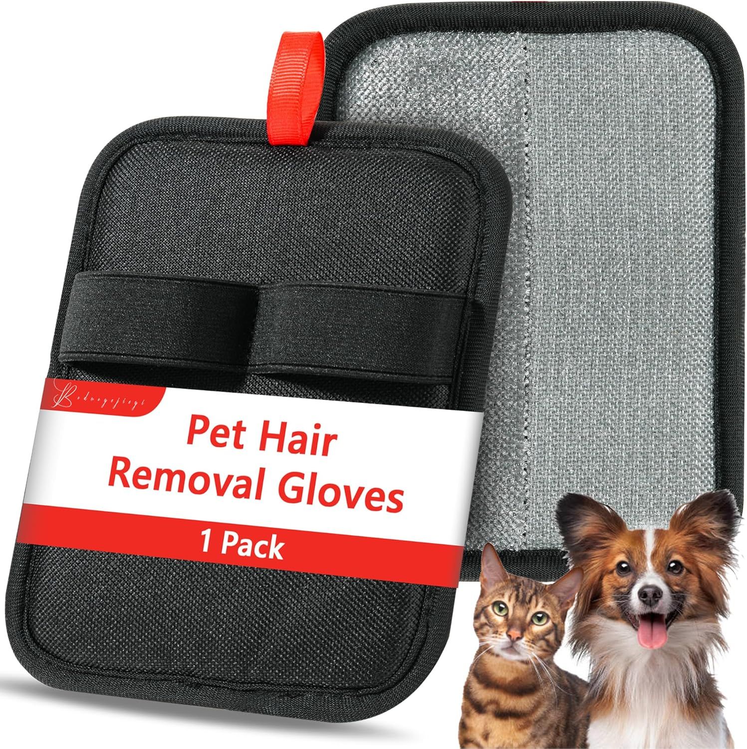 Shows the core product—a set of pet hair removal gloves with textured surfaces—to communicate what the shopper is purchasing and how it works for grooming pets. Uses a graphic label and added pet…
