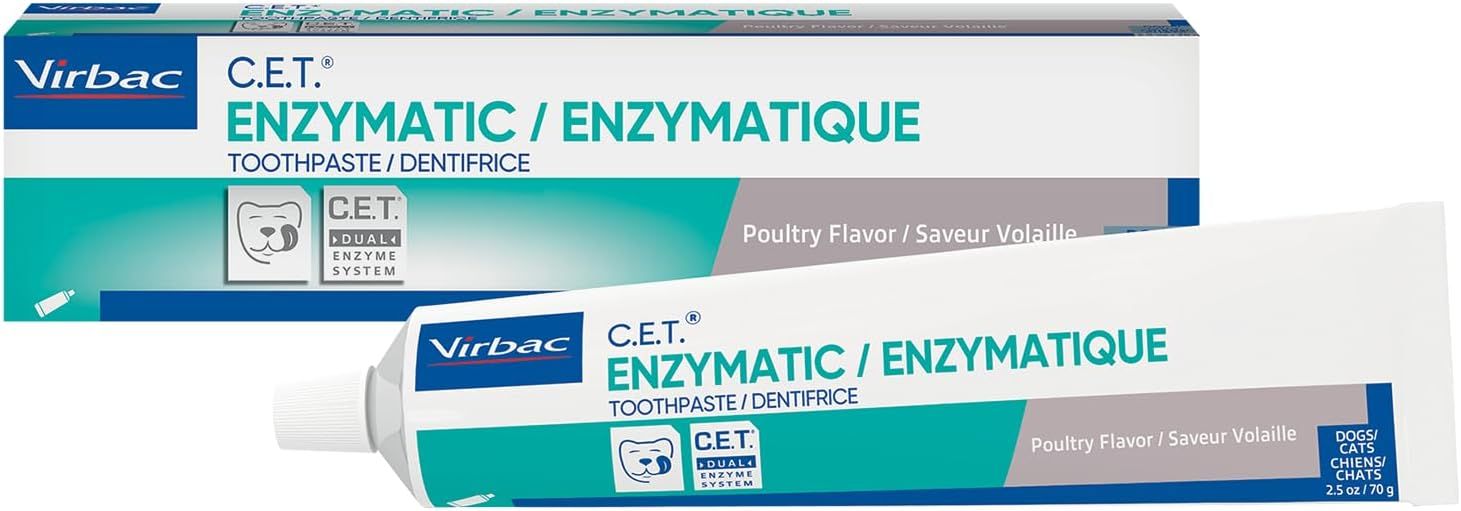 Shows the core product—a tube of enzymatic toothpaste for dogs and cats—alongside its retail packaging to communicate what the buyer will receive. Displays…