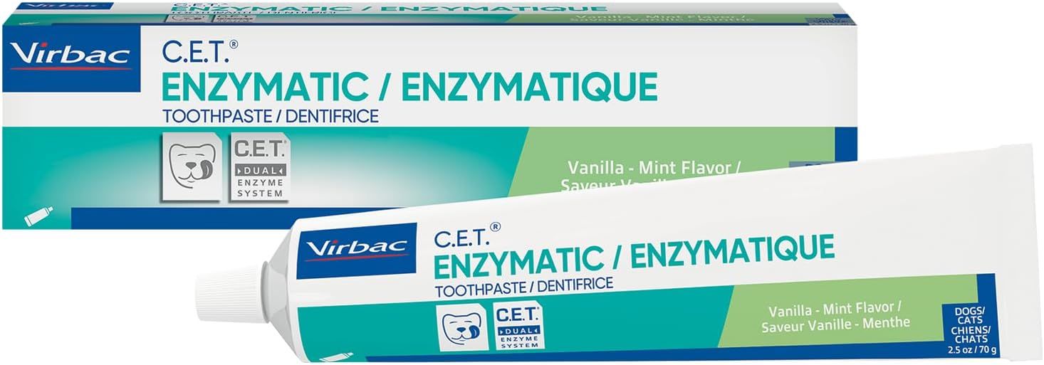 Shows the core product packaging clearly to help shoppers identify the Virbac enzymatic toothpaste for dogs and cats in vanilla-mint flavor. Displays both the…