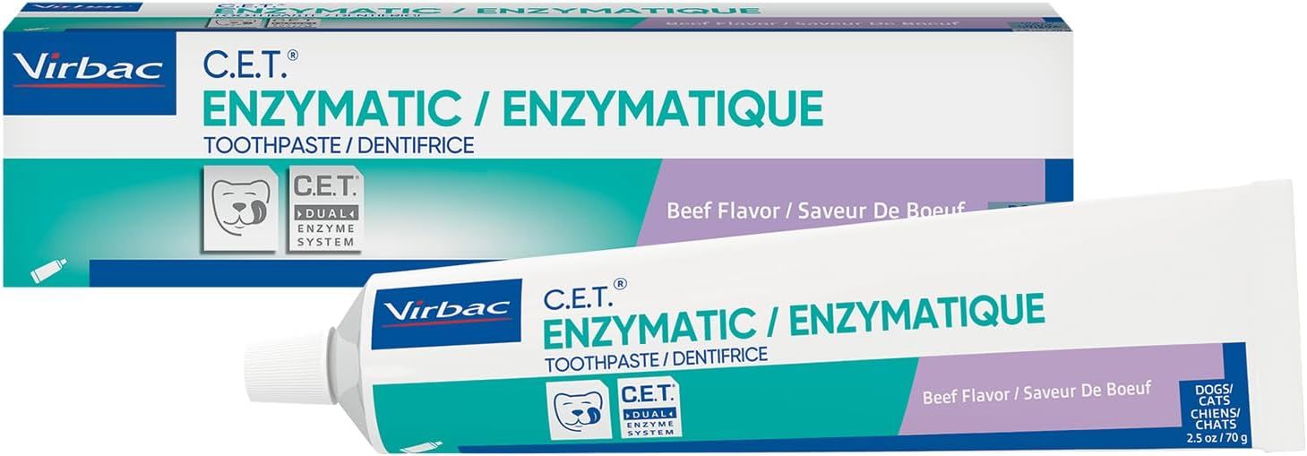 Displays the core product—a tube of enzymatic toothpaste for dogs and cats—alongside its retail packaging to show shoppers exactly what they will receive.…