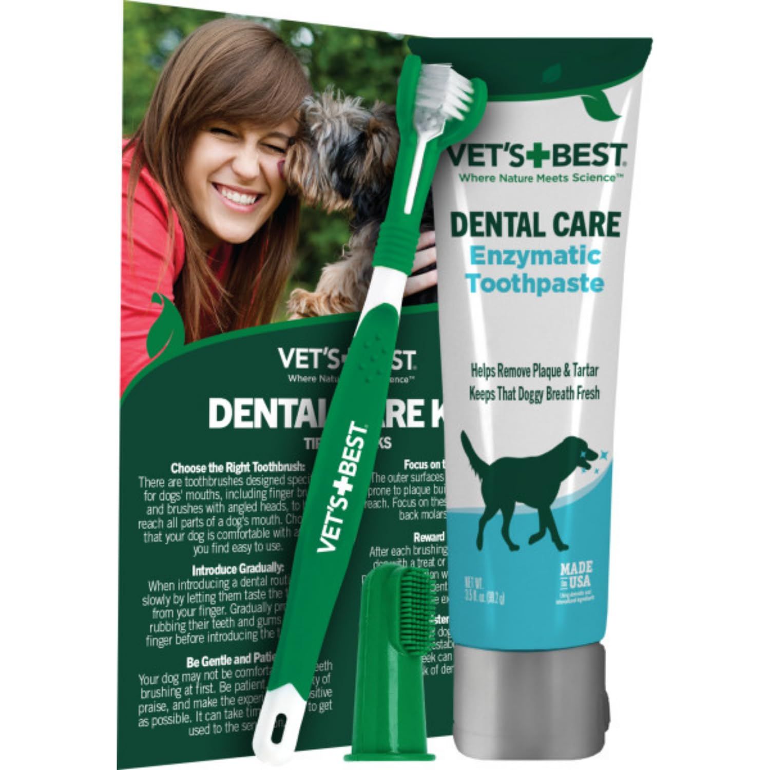 Displays the complete dental care kit for dogs, including toothpaste and toothbrush, to show shoppers exactly what they will receive and communicate the…