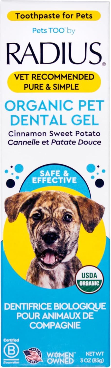 Displays the retail packaging of organic pet dental gel to communicate the product identity, brand, and key selling points like vet-recommended and USDA…