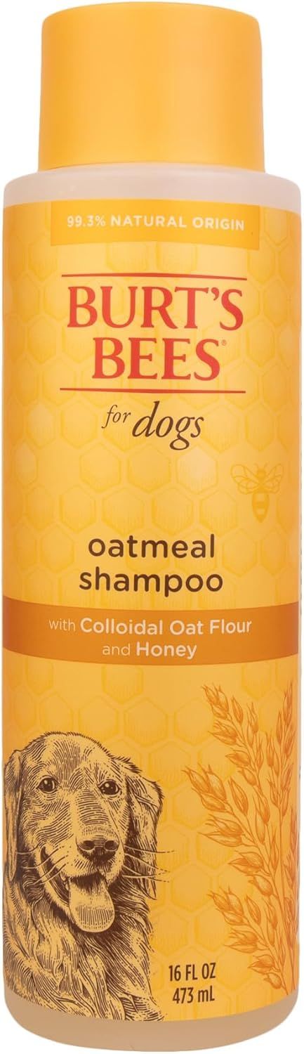 Displays the core product clearly with branding and key ingredients to communicate the natural oatmeal shampoo formula for dogs. Shows the actual retail…