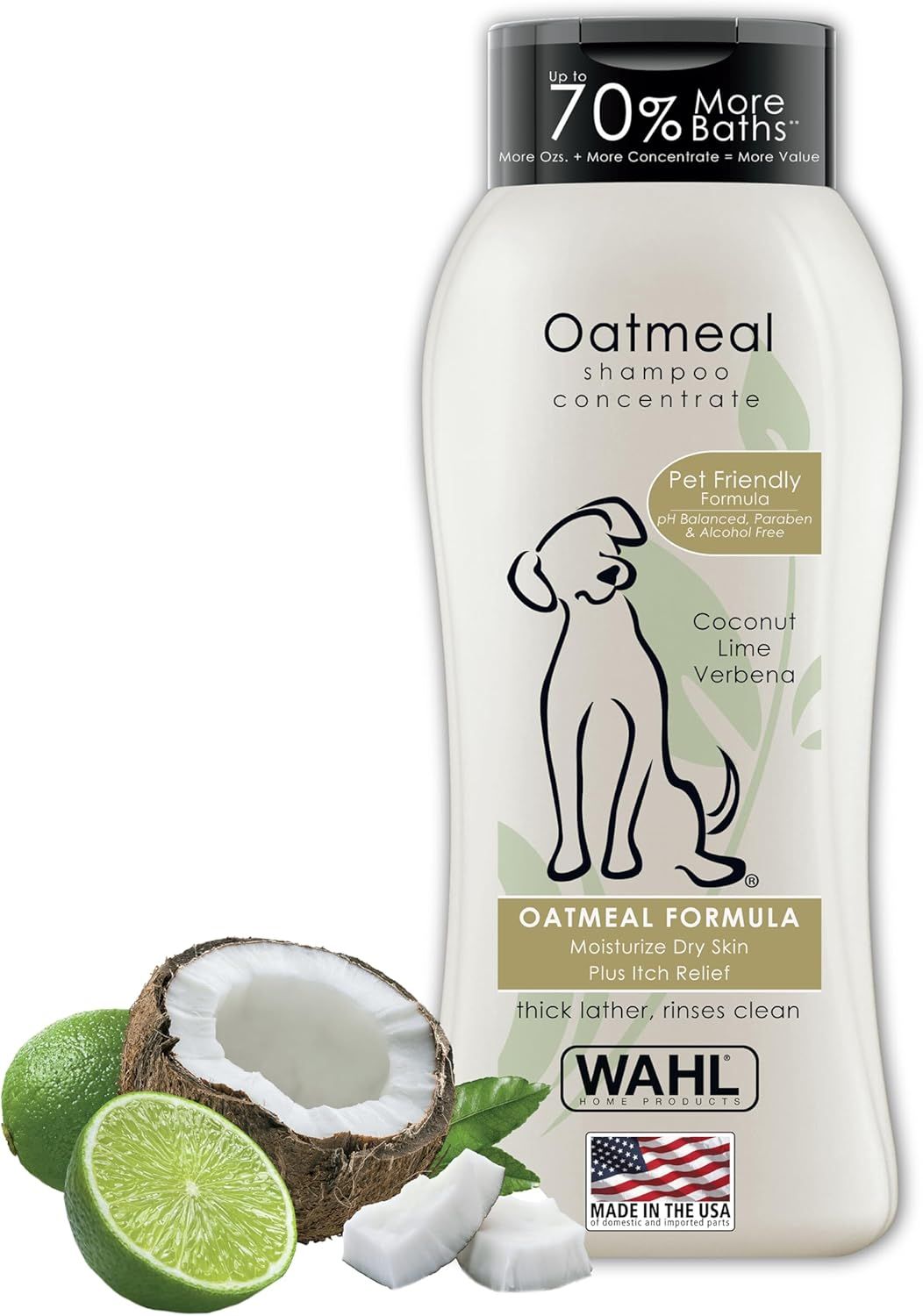 Displays the core product, an oatmeal shampoo concentrate for pets, clearly showing the bottle design, branding, and key product information to help shoppers…