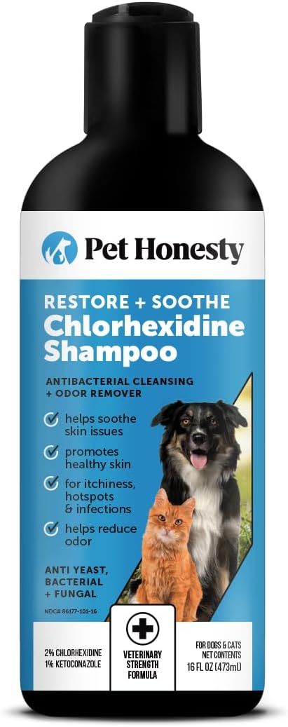 Shows the pet shampoo bottle with detailed label information to communicate the product's therapeutic benefits for skin issues, odor control, and…