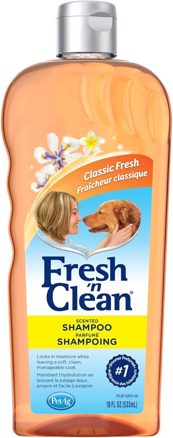 Shows the core product—a bottle of Fresh 'n Clean scented dog shampoo—clearly displayed to communicate the brand, scent variant, and product type to shoppers.…