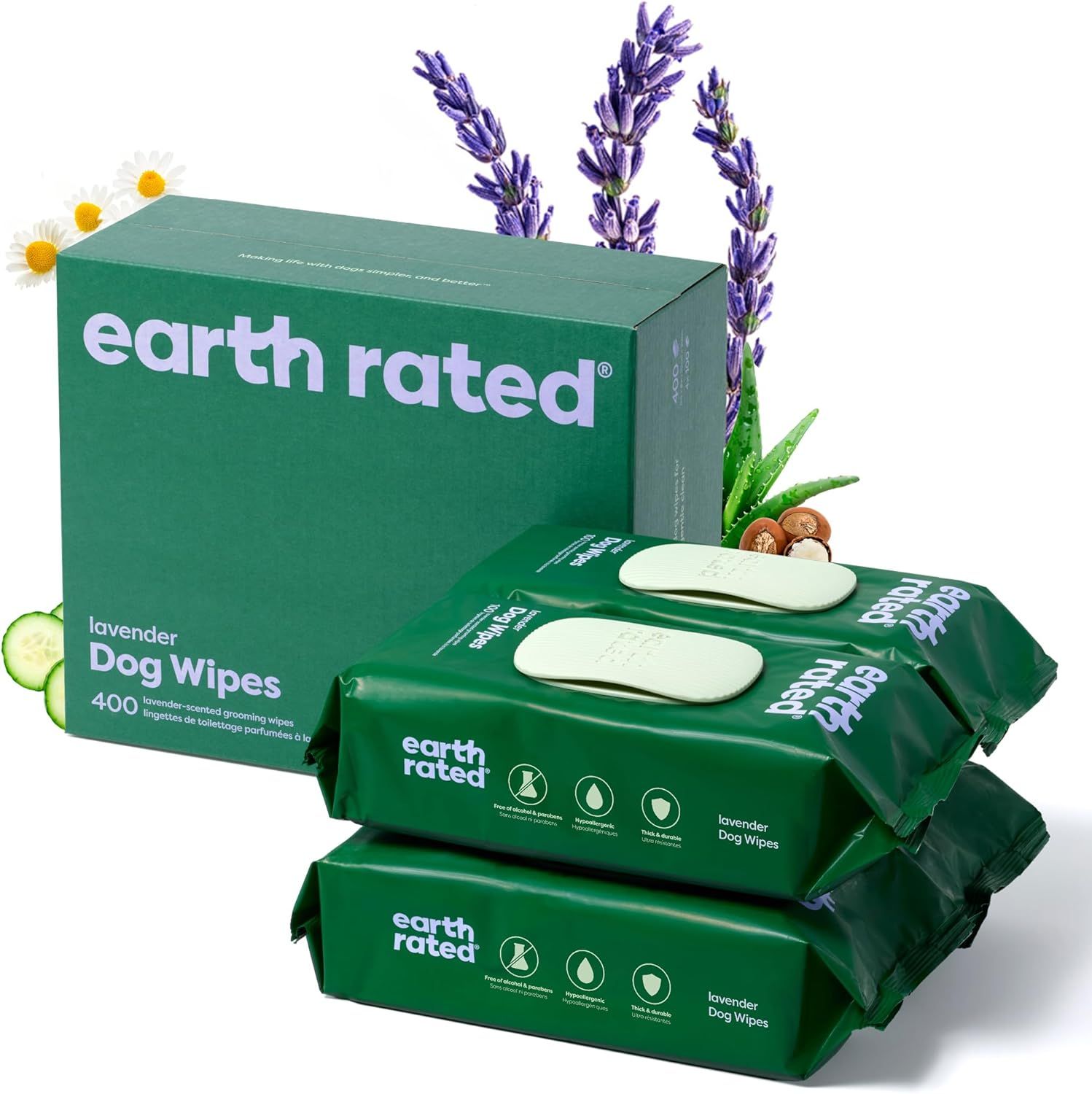 Shows the core product—Earth Rated lavender dog wipes in a 400-count box with multiple wipe packs—clearly displayed to communicate what the shopper is purchasing. Uses decorative lavender sprigs,…