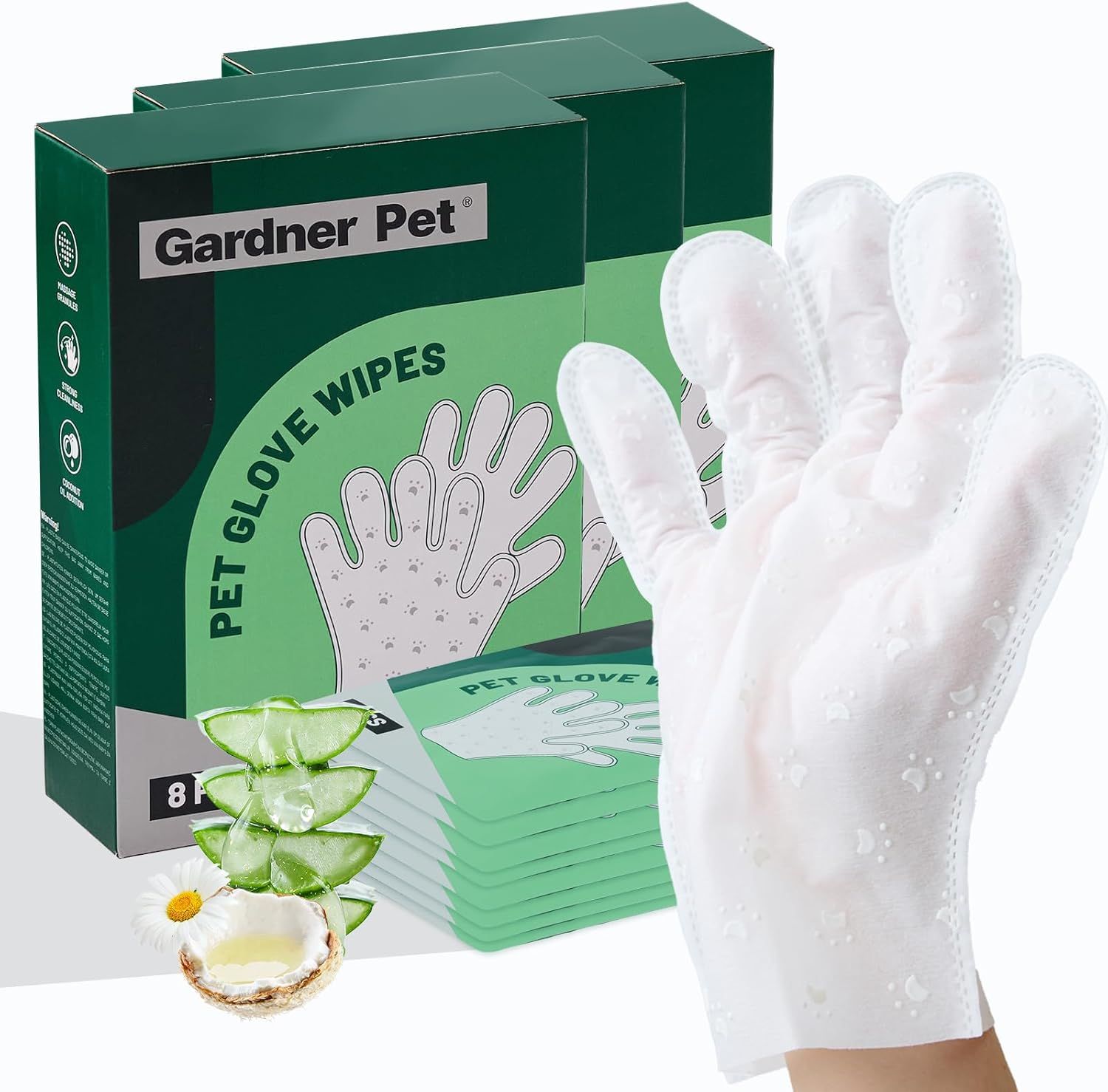 Shows the core product (pet grooming glove wipes) along with the retail packaging to communicate what the shopper will receive. Displays the physical retail…