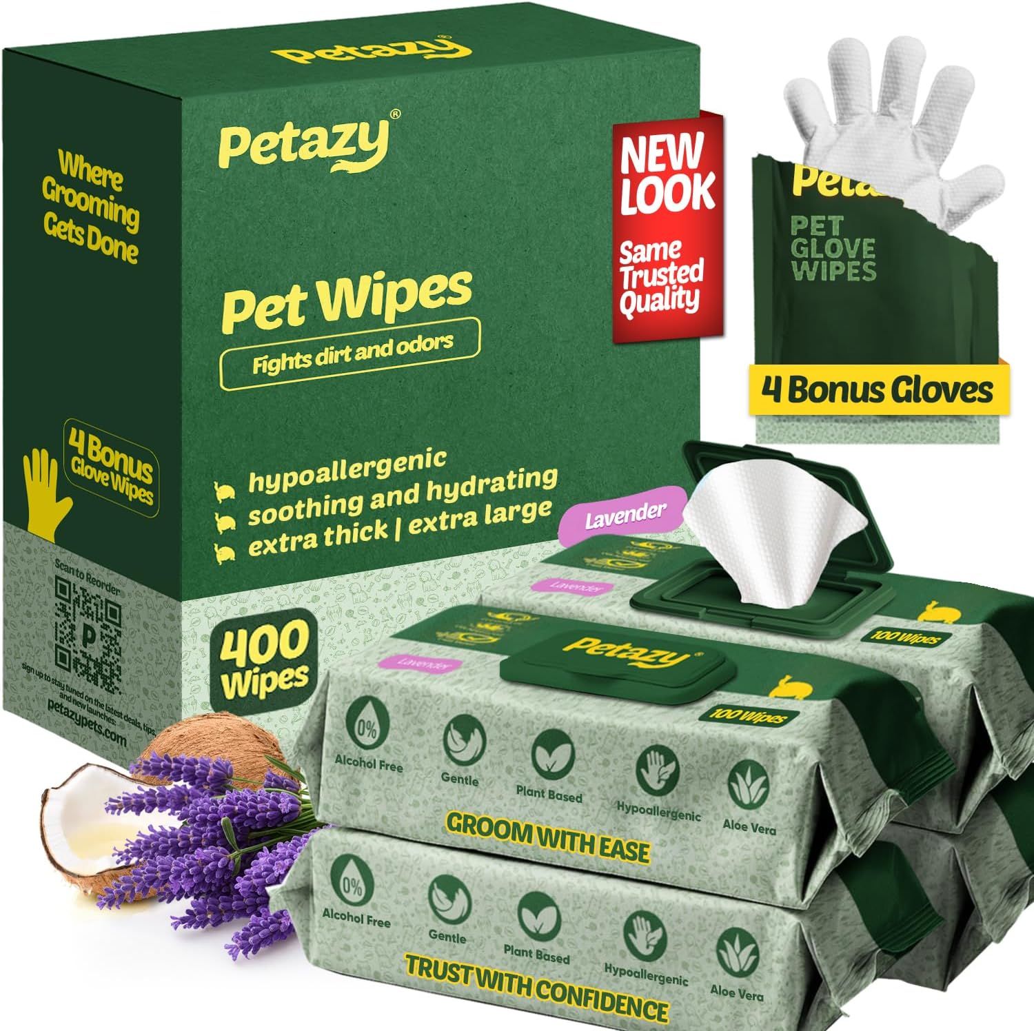 Displays the core product—pet wipes in packaging with bonus glove wipes—to show shoppers exactly what they will receive, including key features like…