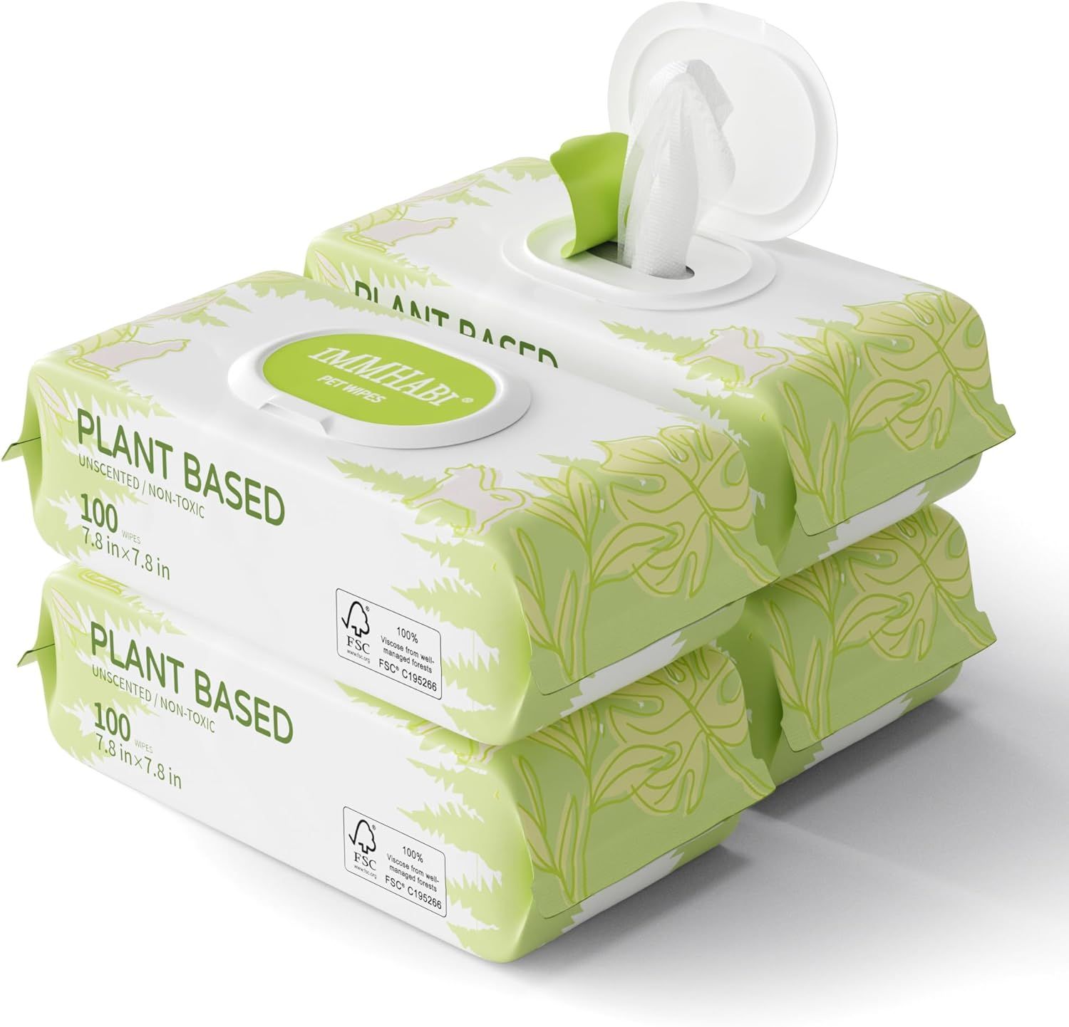 Shows the core product—plant-based, unscented, non-toxic wipes in a two-pack format—clearly displayed with packaging to communicate the eco-friendly nature…