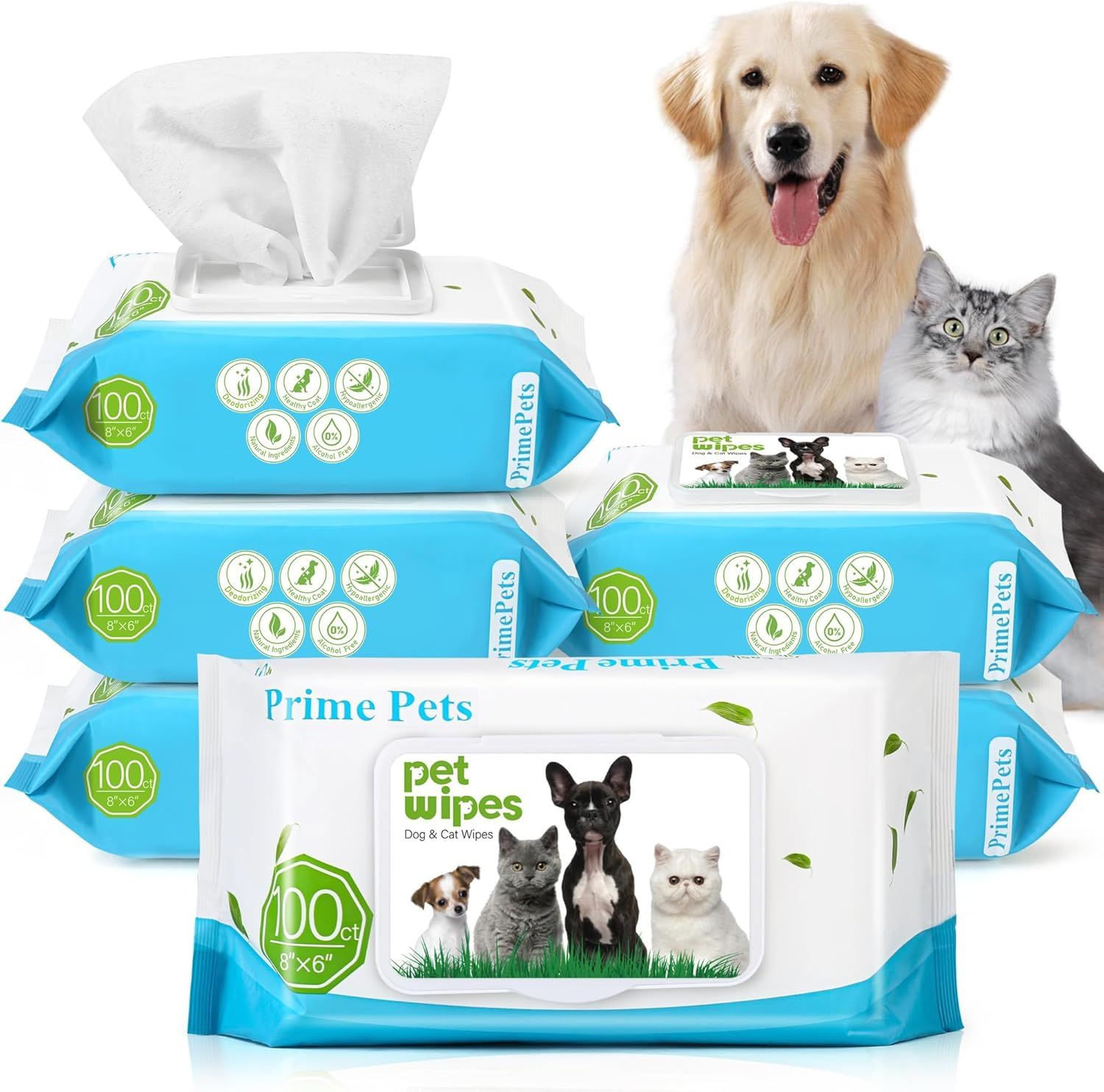 Shows the core product—pet wipes in bright blue packaging—clearly displayed to communicate what the shopper is purchasing, including the multi-pack format and key features like count and size.…