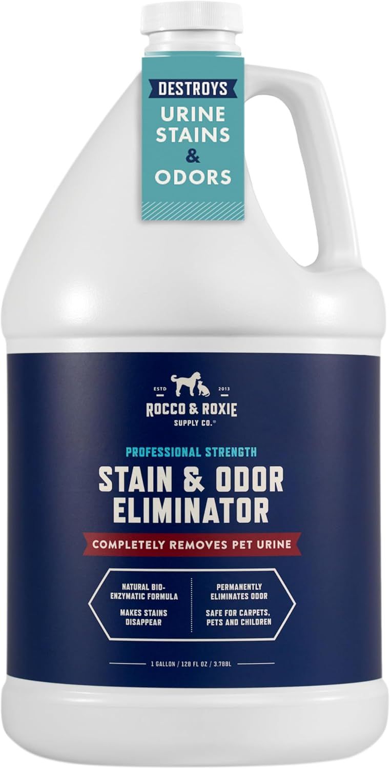 Displays the core product—a 1-gallon pet urine stain and odor eliminator—clearly showing the bottle, label, and key benefits to help shoppers understand what they are purchasing.