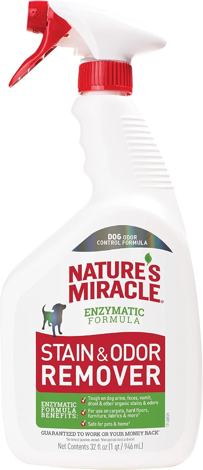 Shows the core product clearly with its spray trigger mechanism and full label visible, allowing shoppers to identify the Nature's Miracle Stain & Odor Remover and understand its enzymatic formula…