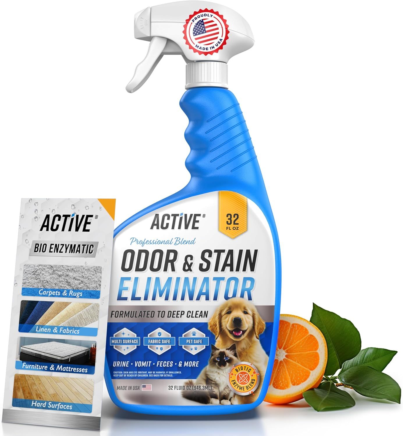 Displays the core product, a 32 oz spray bottle of odor and stain eliminator, clearly showing its professional-grade formula designed for pet messes on multiple surfaces. Includes visual…
