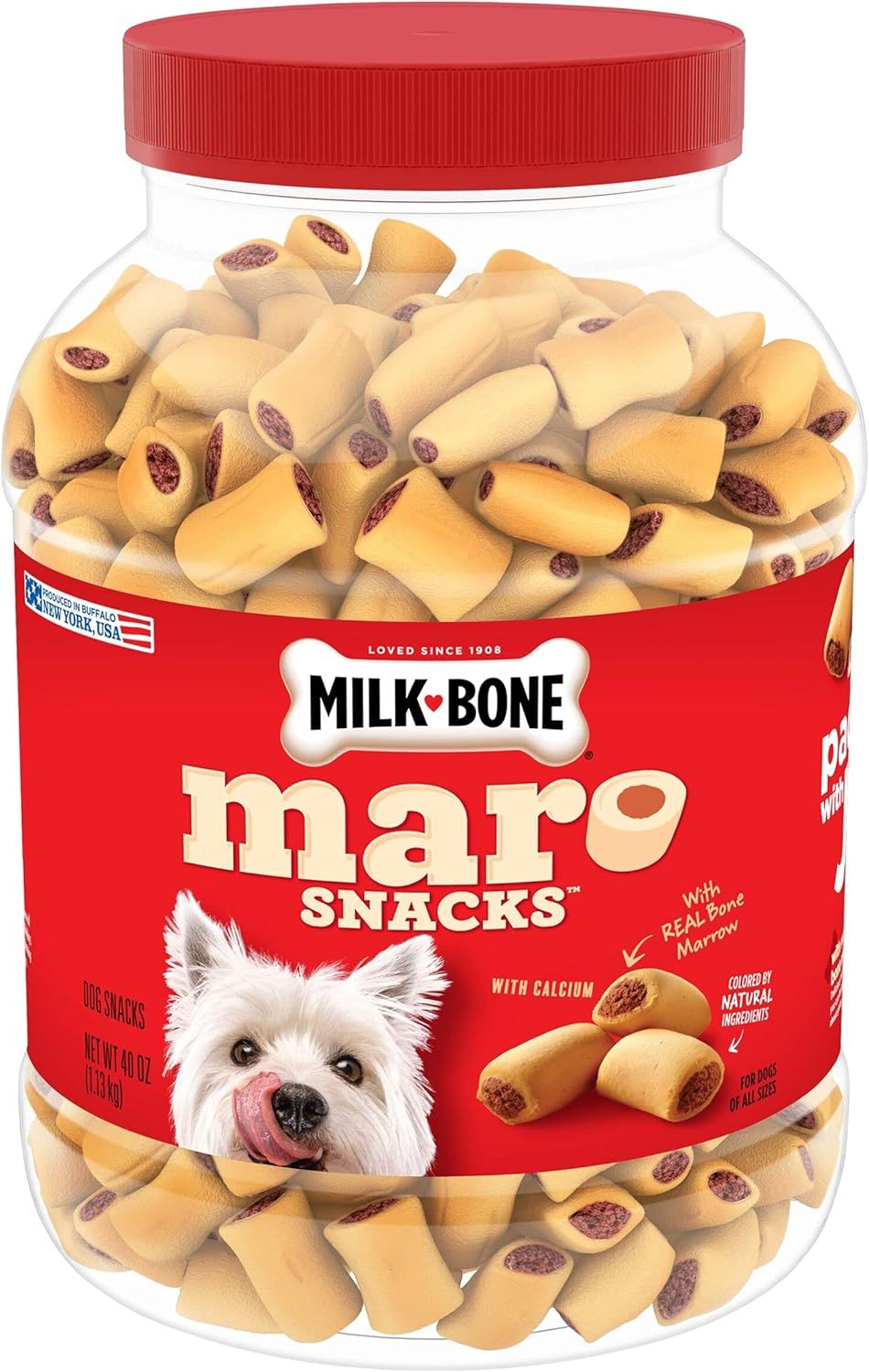 Shows the core product—Milk-Bone Maro Snacks dog treats in a clear jar—so shoppers can see the quantity and appearance of the treats they are purchasing. Displays the actual retail packaging with…