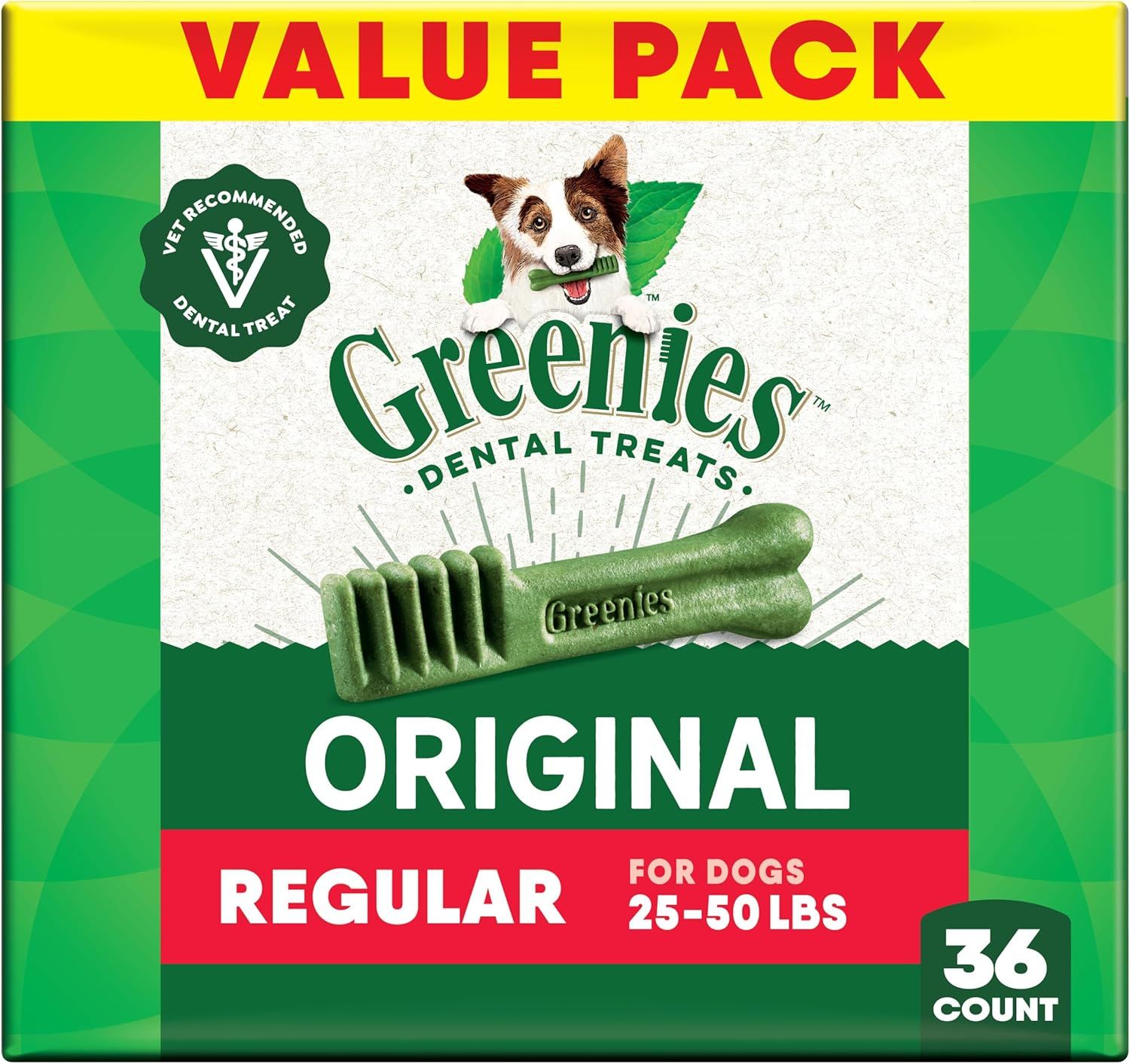 Shows the retail packaging to communicate the value pack size and help shoppers identify the product on shelf or confirm what will be delivered. Displays the core product (green dental treat bone)…