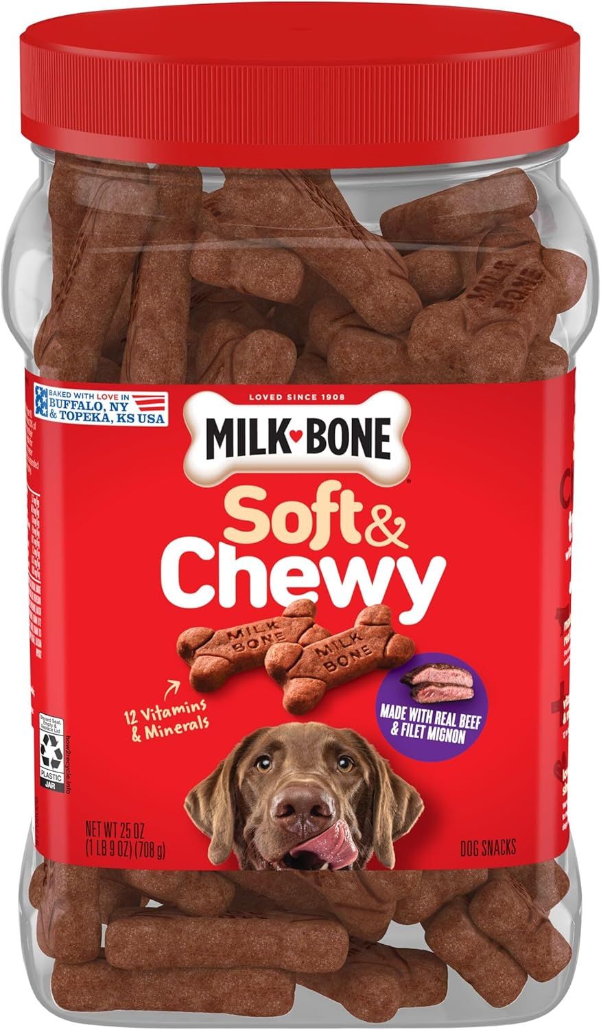 Displays the Milk-Bone Soft & Chewy dog treats in their retail packaging to show shoppers exactly what they will receive, emphasizing the product's texture and quantity. Shows the transparent jar…