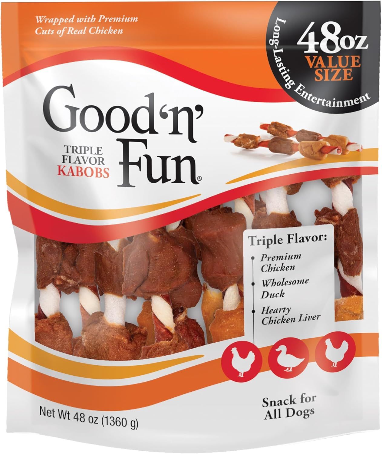 Shows the core product—dog treat kabobs—clearly visible through the package window, communicating the variety and quality of ingredients (chicken, duck, chicken liver) to reassure pet owners about…