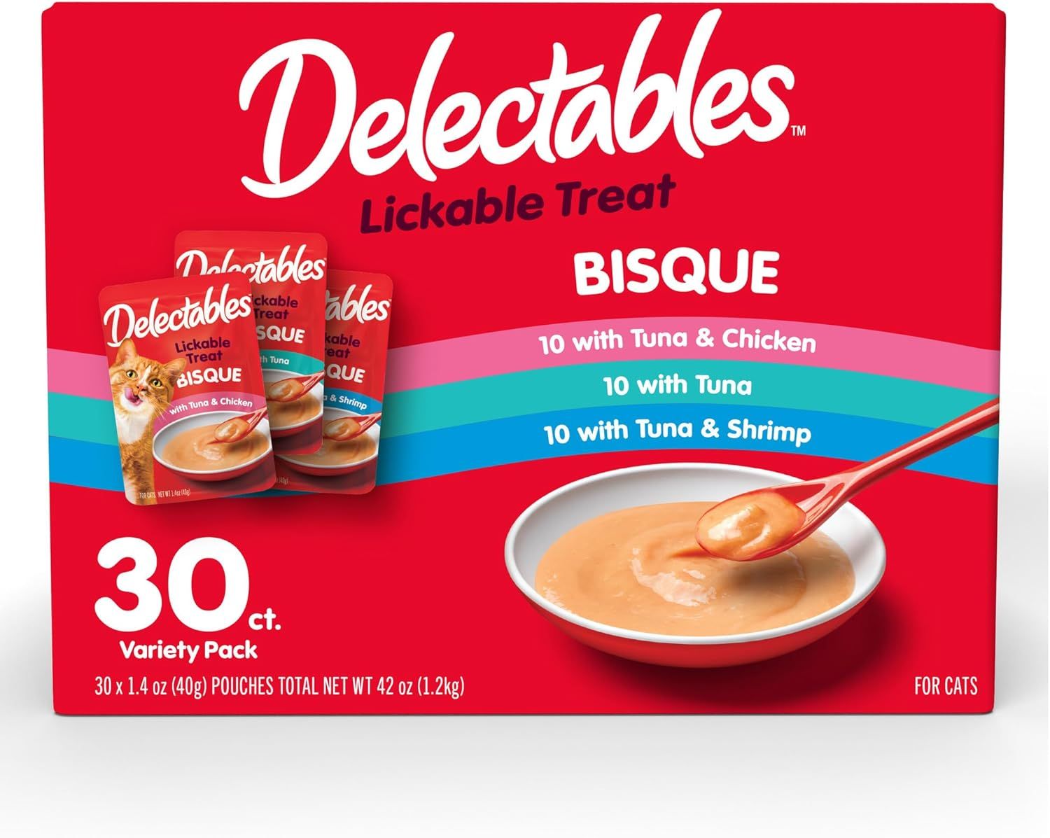 Shows the retail packaging of a 30-count variety pack of Delectables cat treats, clearly displaying the product name, flavor varieties, and quantity to help shoppers understand what they are…