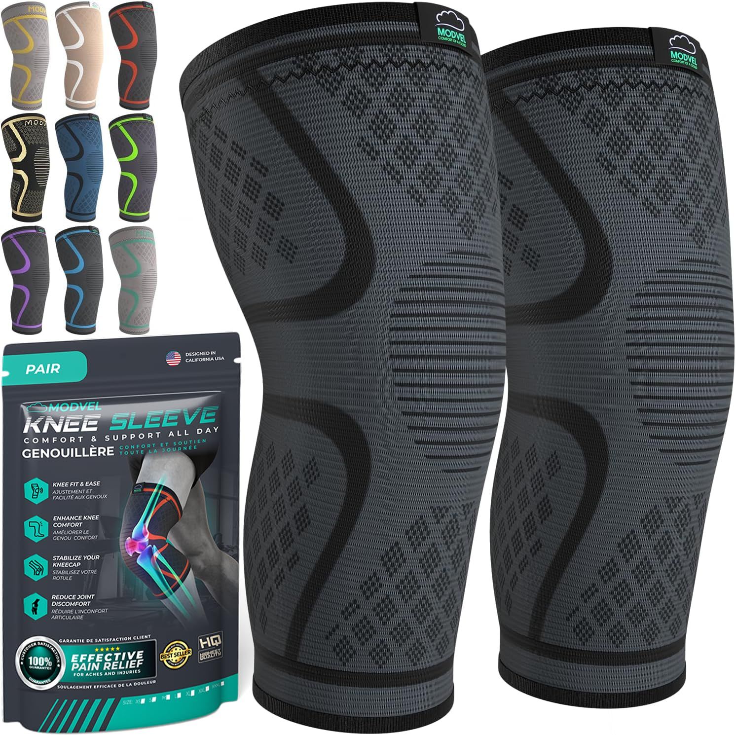 Displays the core product - a pair of compression knee sleeves - clearly showing the textured fabric design and construction to help shoppers understand what they are purchasing. Shows the available…