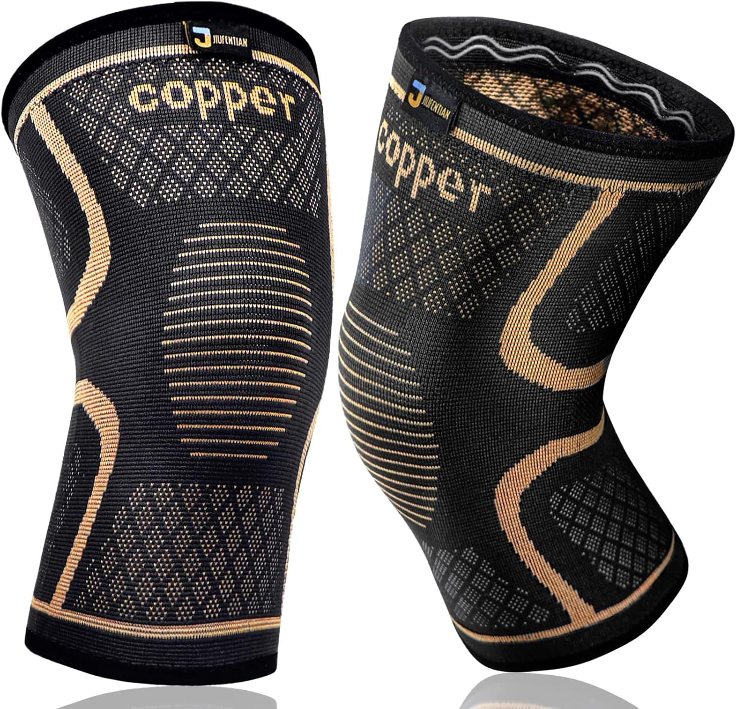 Displays the core product—a pair of compression knee sleeves—clearly showing the breathable mesh fabric, supportive design elements, and brand identity to help shoppers understand what they are…
