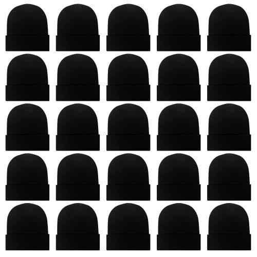 Shows the product is sold as a multi-pack of 25 identical black beanies, communicating bulk value and quantity to the shopper.