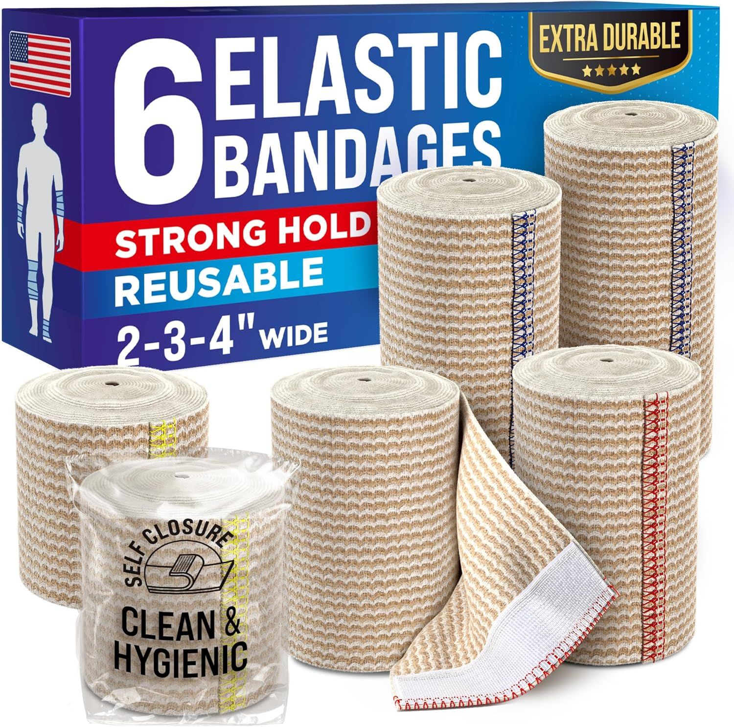 Shows the complete set of 6 elastic bandages in various widths (2-3-4 inches) that the shopper will receive, demonstrating the variety and quantity included in the purchase. Displays the retail…