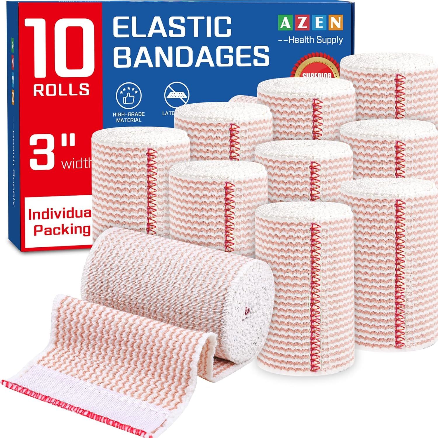 Shows the complete product set of 10 elastic bandage rolls in various display arrangements to communicate quantity, size, and packaging format to the shopper. Displays the retail packaging box with…