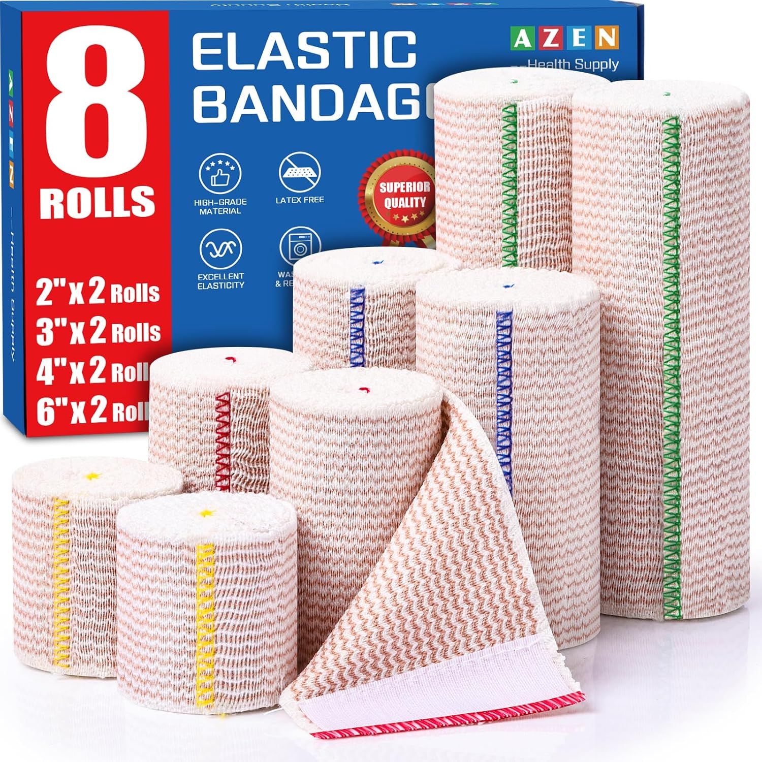Shows the complete set of 8 elastic bandage rolls in different widths (2, 3, 4, and 6 inches) to communicate the variety and quantity included in the purchase. Displays the branded retail packaging…