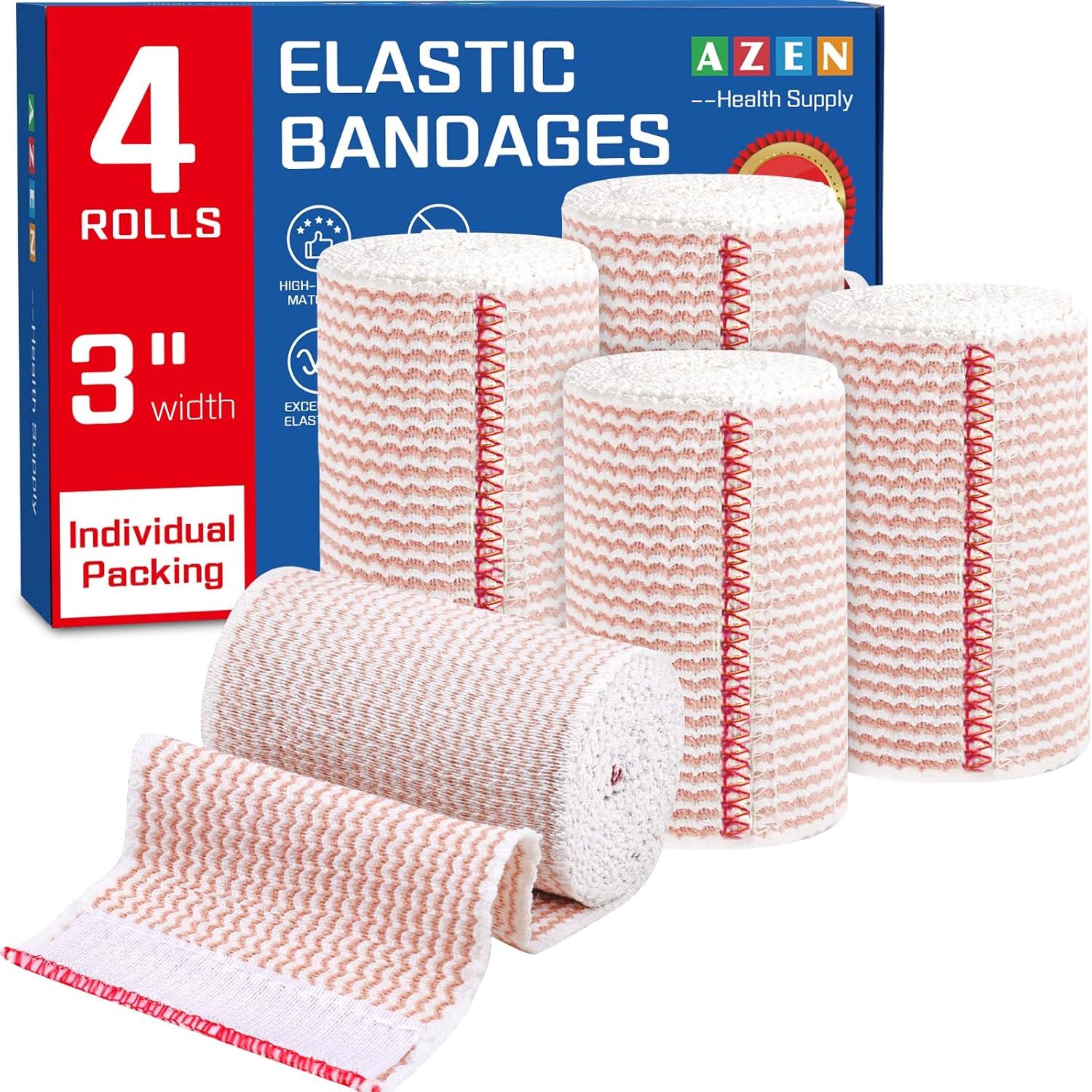 Shows the core product—elastic bandages—in multiple rolls to communicate the quantity and format included in the purchase, reassuring shoppers they are getting a multi-pack set. Displays the retail…