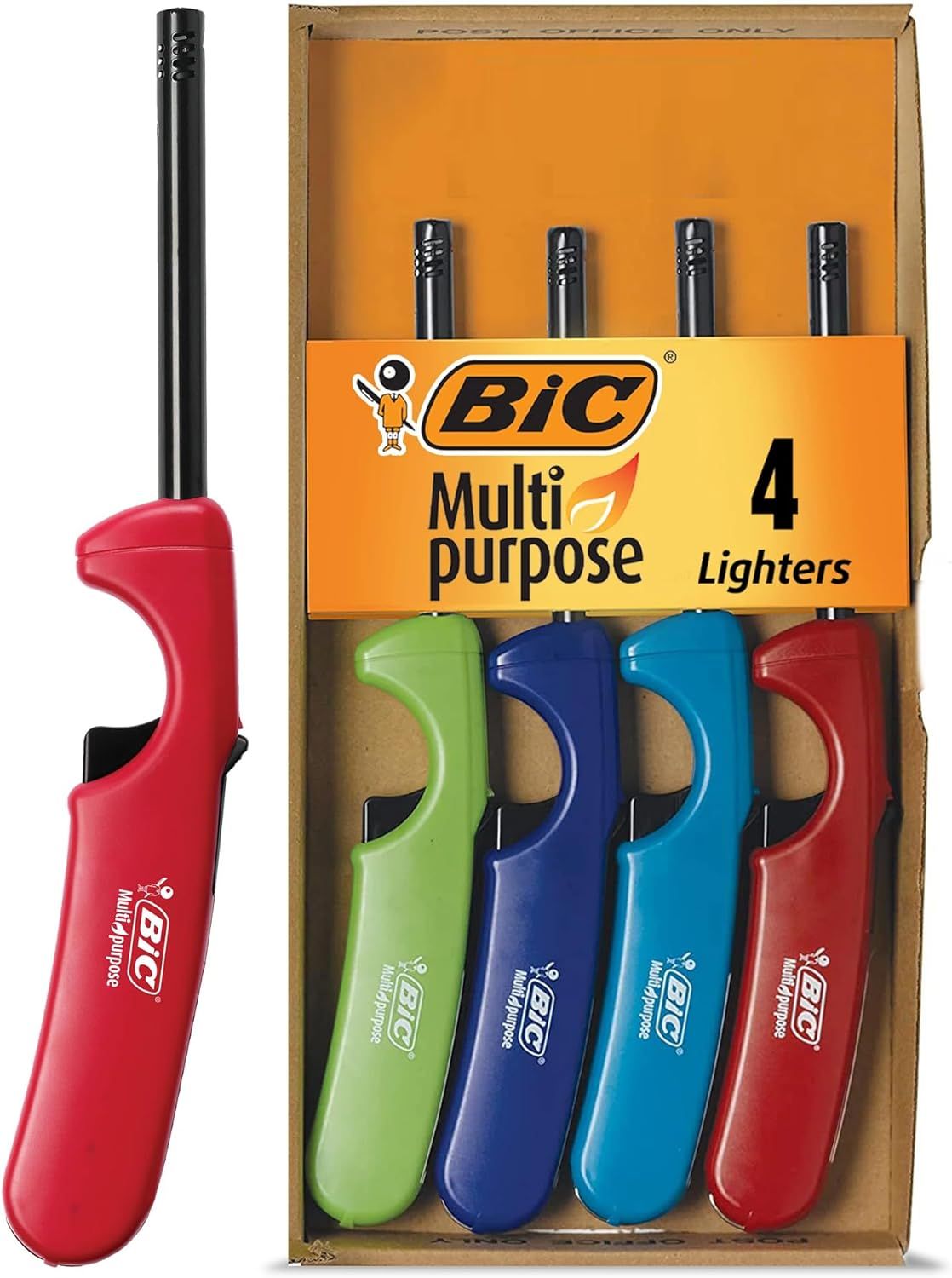 Shows the core product (BIC Multi-purpose lighters) in a 4-pack with multiple color options, clearly displaying what the shopper will receive. Displays the retail cardboard box packaging that the…