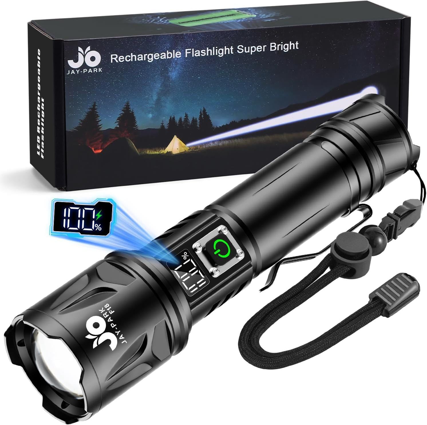 Shows the core product—a rechargeable flashlight with a digital battery display—alongside its retail packaging and included wrist strap to communicate what the buyer receives. Displays the physical…