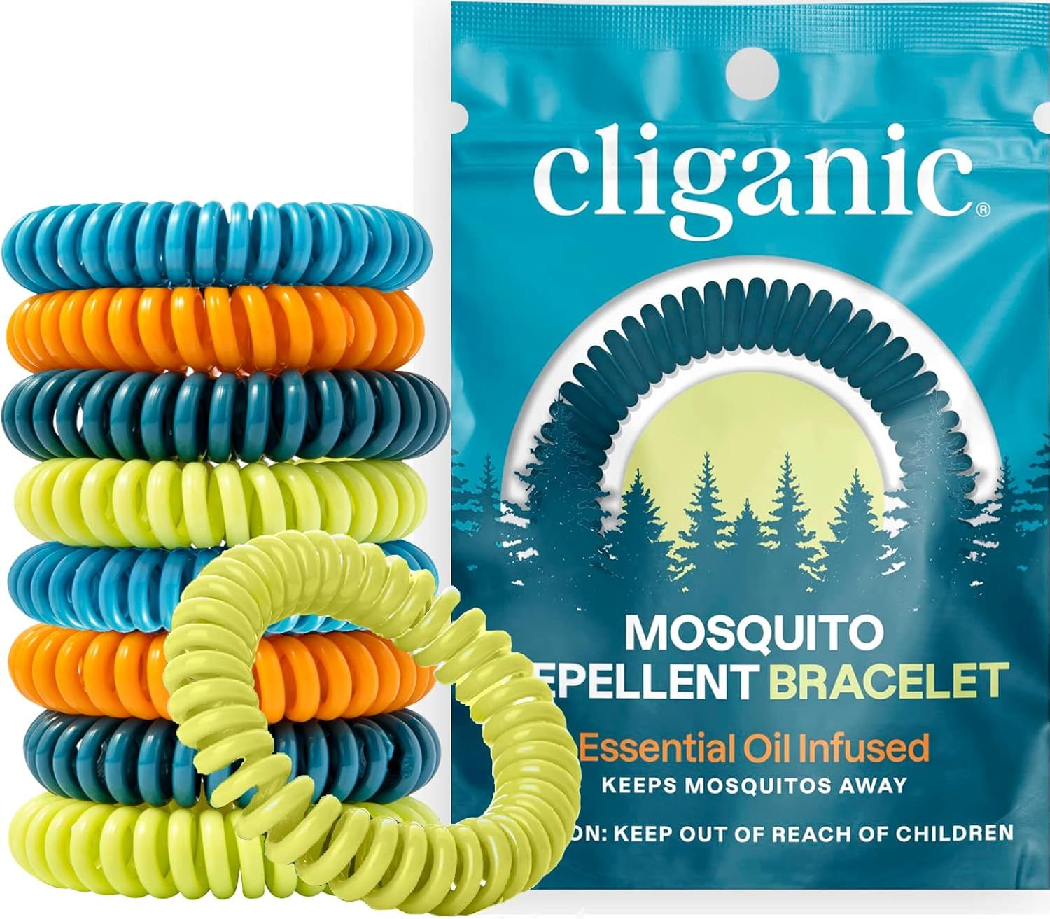 Shows the core product—colorful mosquito repellent bracelets—alongside their retail packaging to communicate what the shopper will receive and the variety of colors included. Displays the branded…